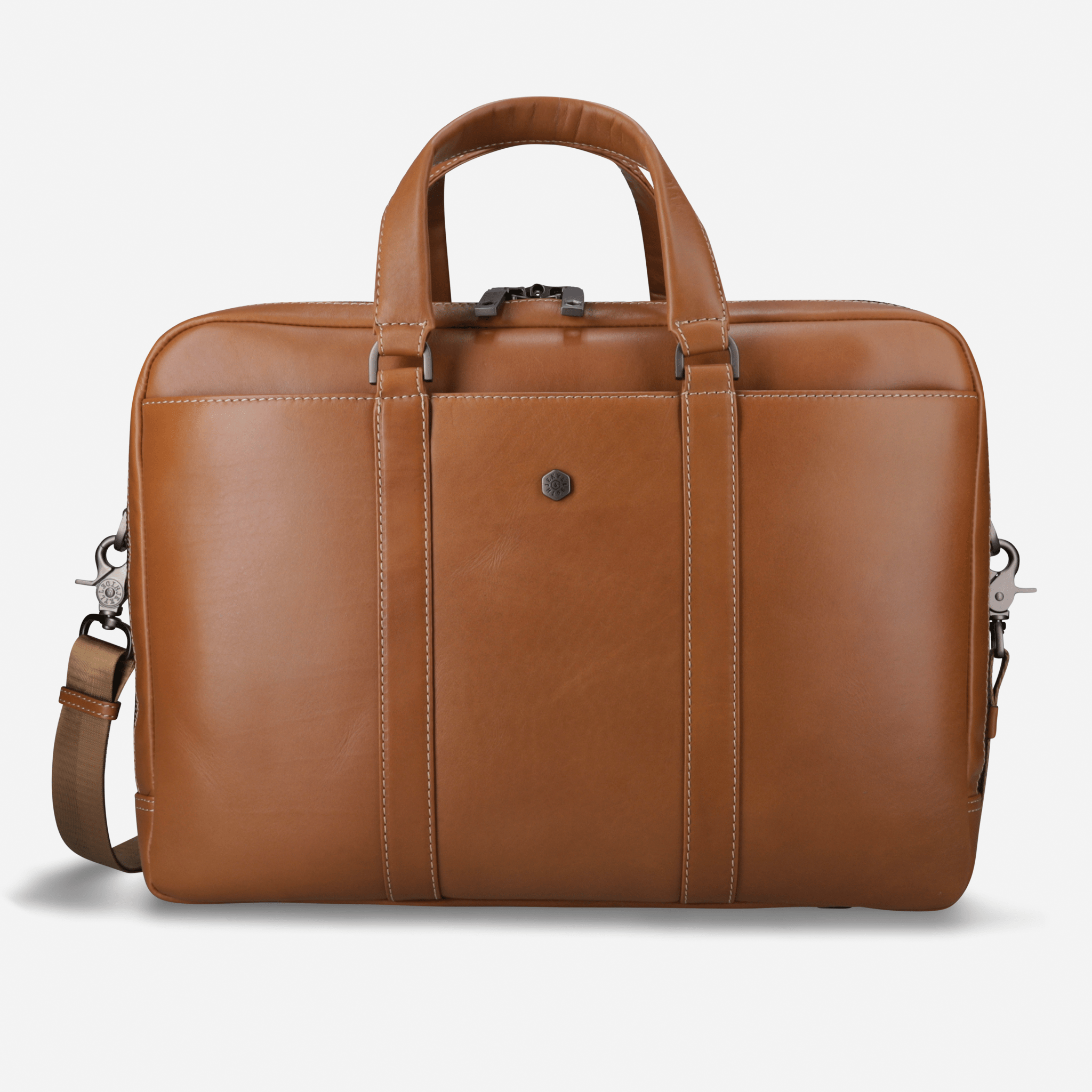 Brown leather briefcase with shoulder strap on a light gray background