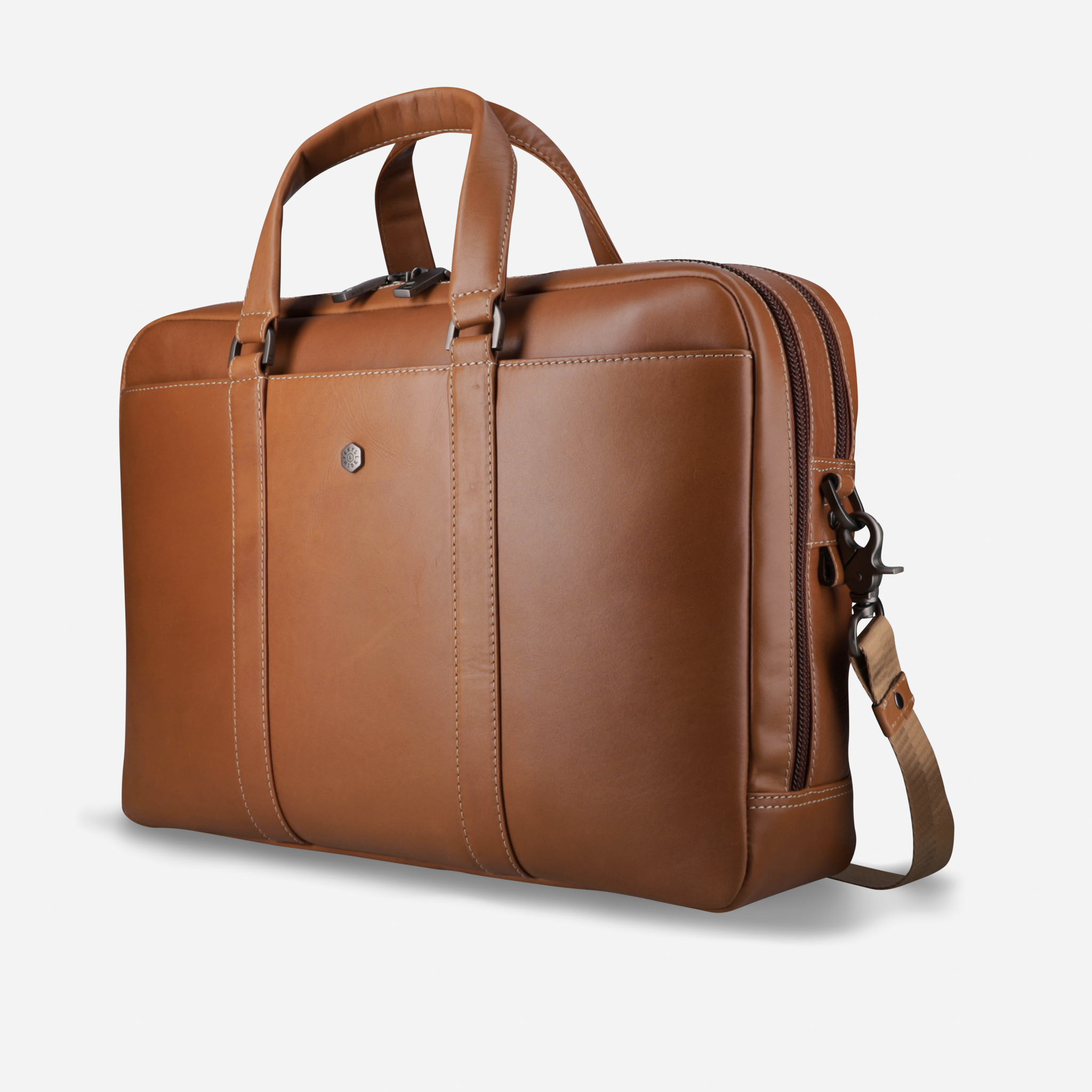 Brown leather briefcase with a shoulder strap on a light gray background