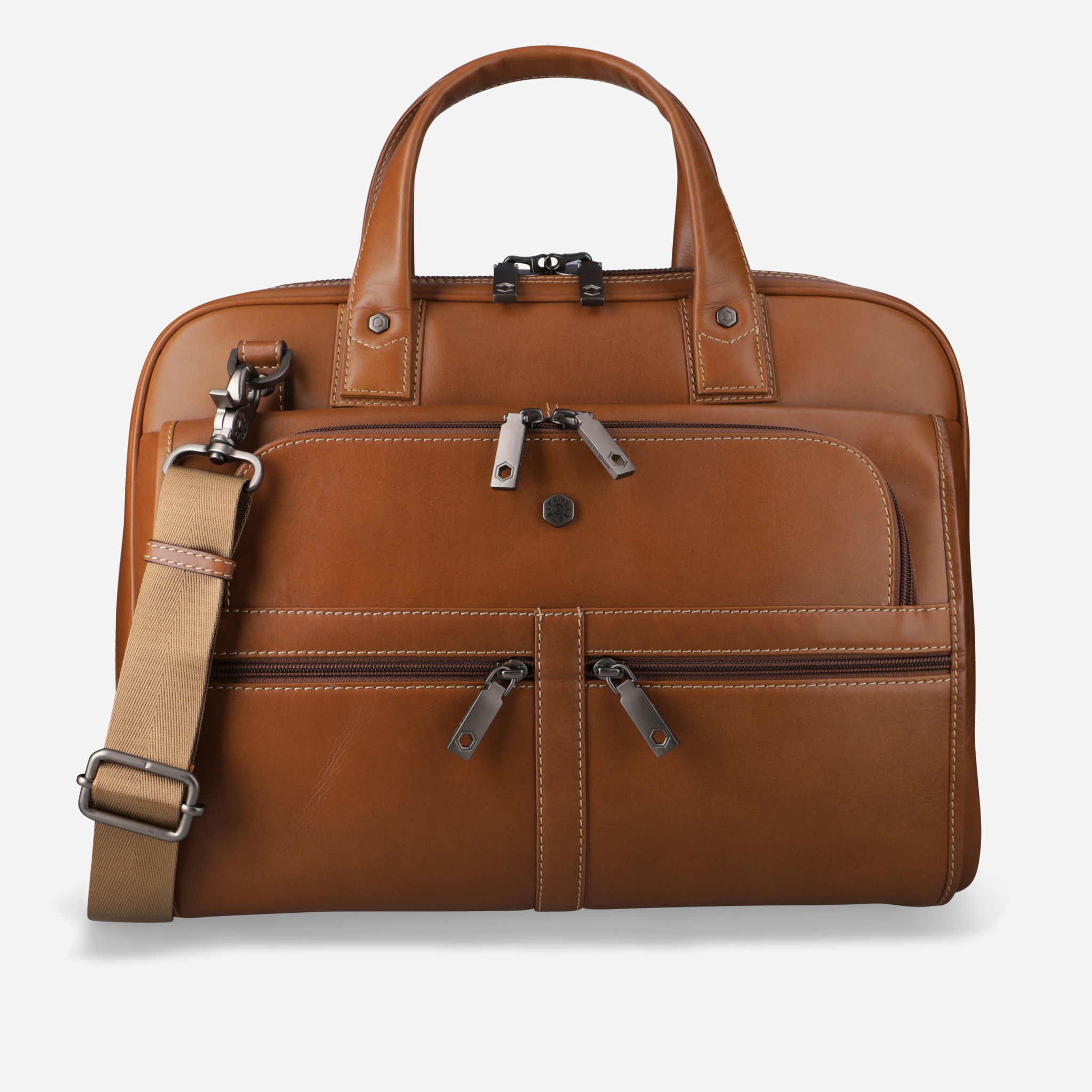 Brown leather briefcase with shoulder strap on a light gray background