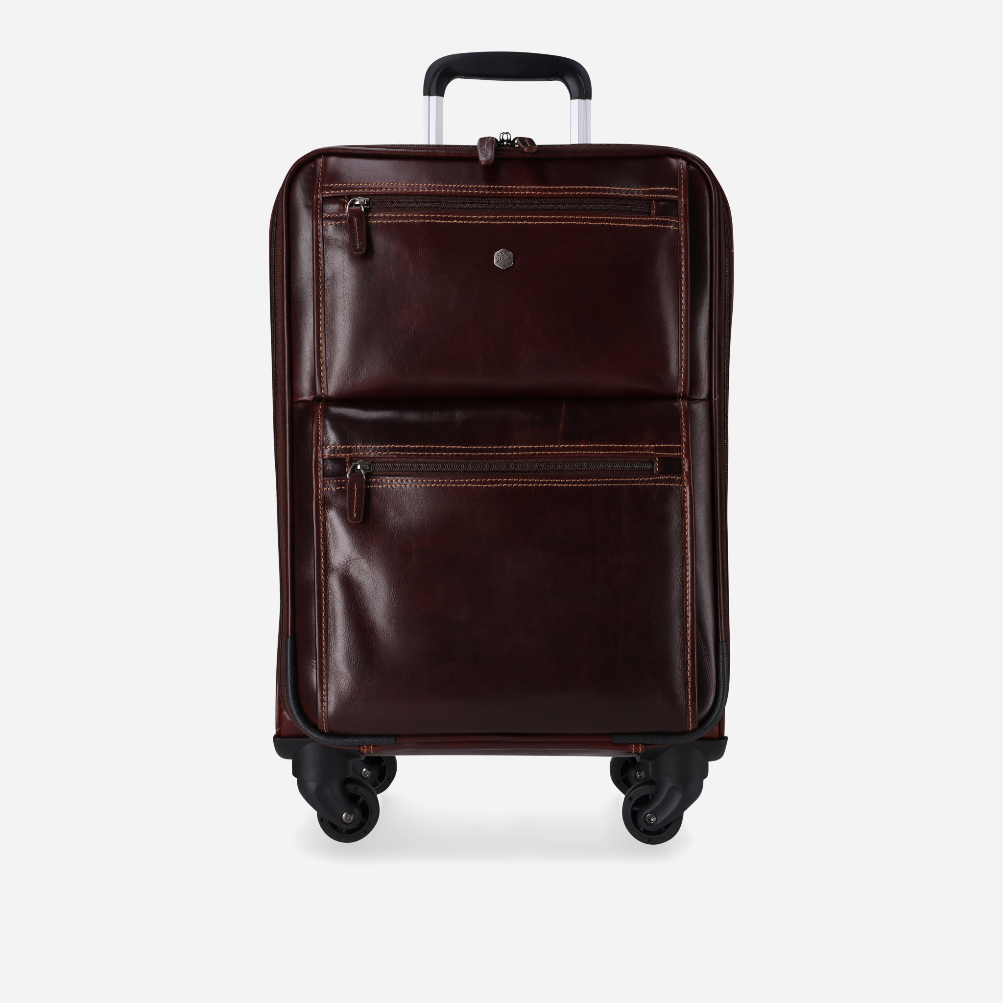 Brown leather suitcase with wheels on a light gray background