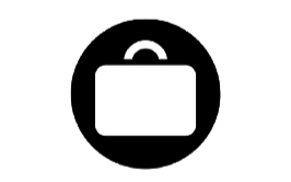 Black icon of a suitcase within a circle on a white background