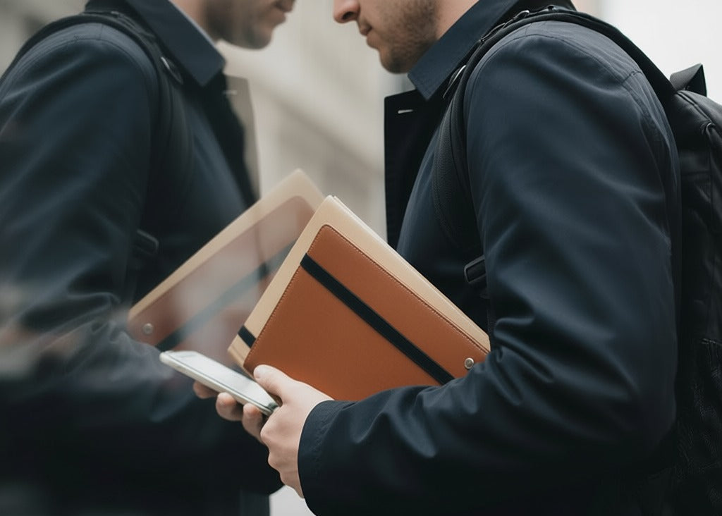 Two men in dark clothing interacting with a smartphone and brown leather case.