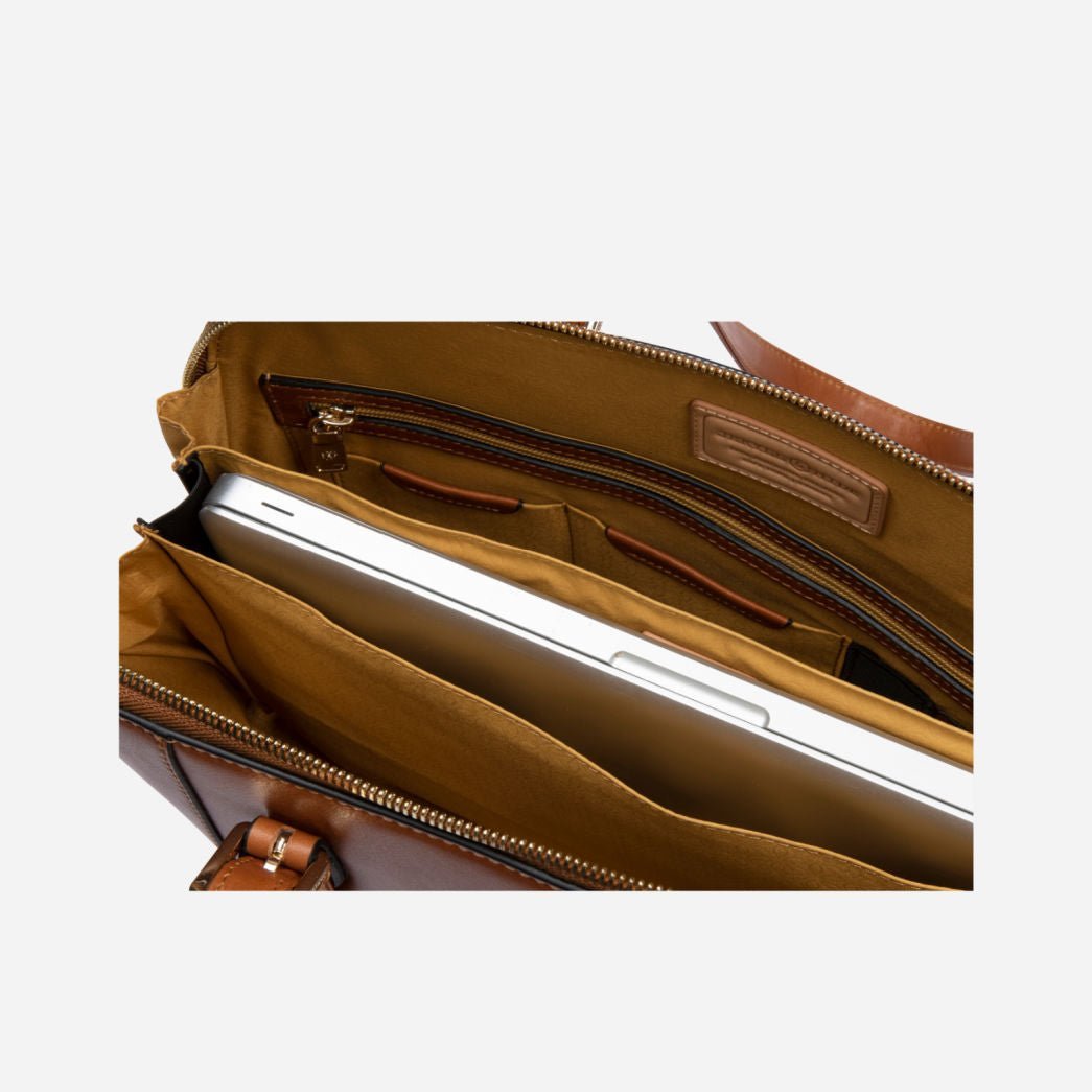 Ladies Business Laptop Handbag,Handbag,Jekyll & Hide,Tan, inside view with laptop