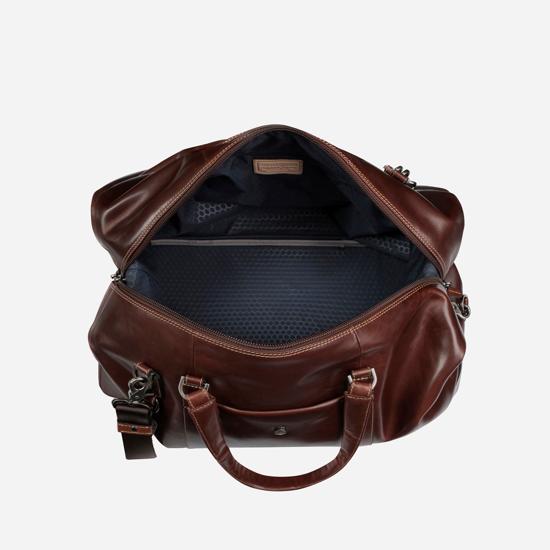 Large 50cm cabin holdall in mocha leather by Jekyll & Hide, inside view.