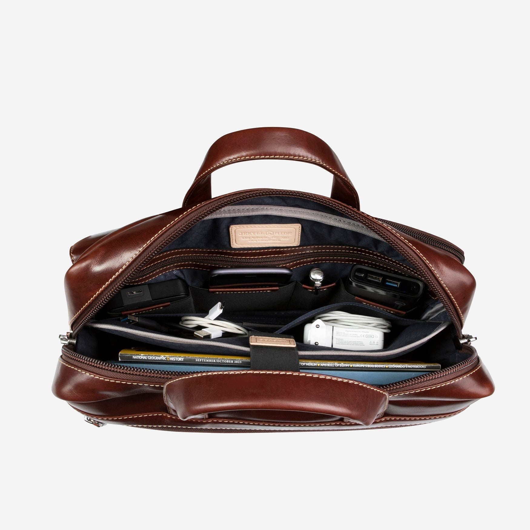 Medium Laptop Briefcase,Briefcases,Jekyll & Hide,Mocha, inside view with laptop