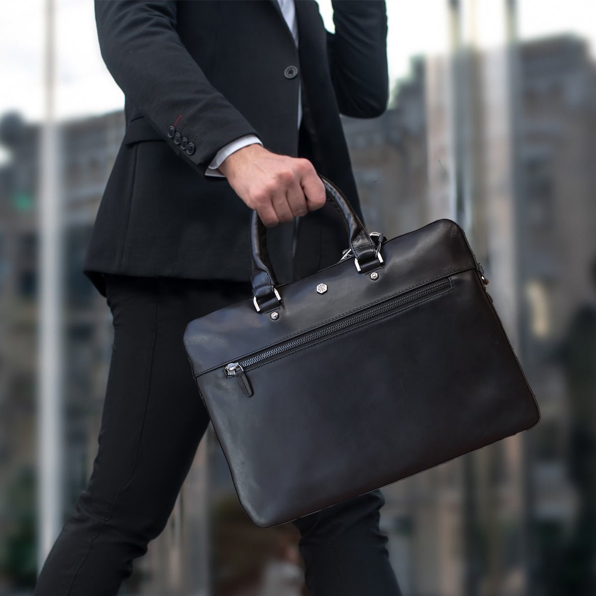 Slim Zip Top Briefcase,Briefcases,Jekyll & Hide,Black, carried by model