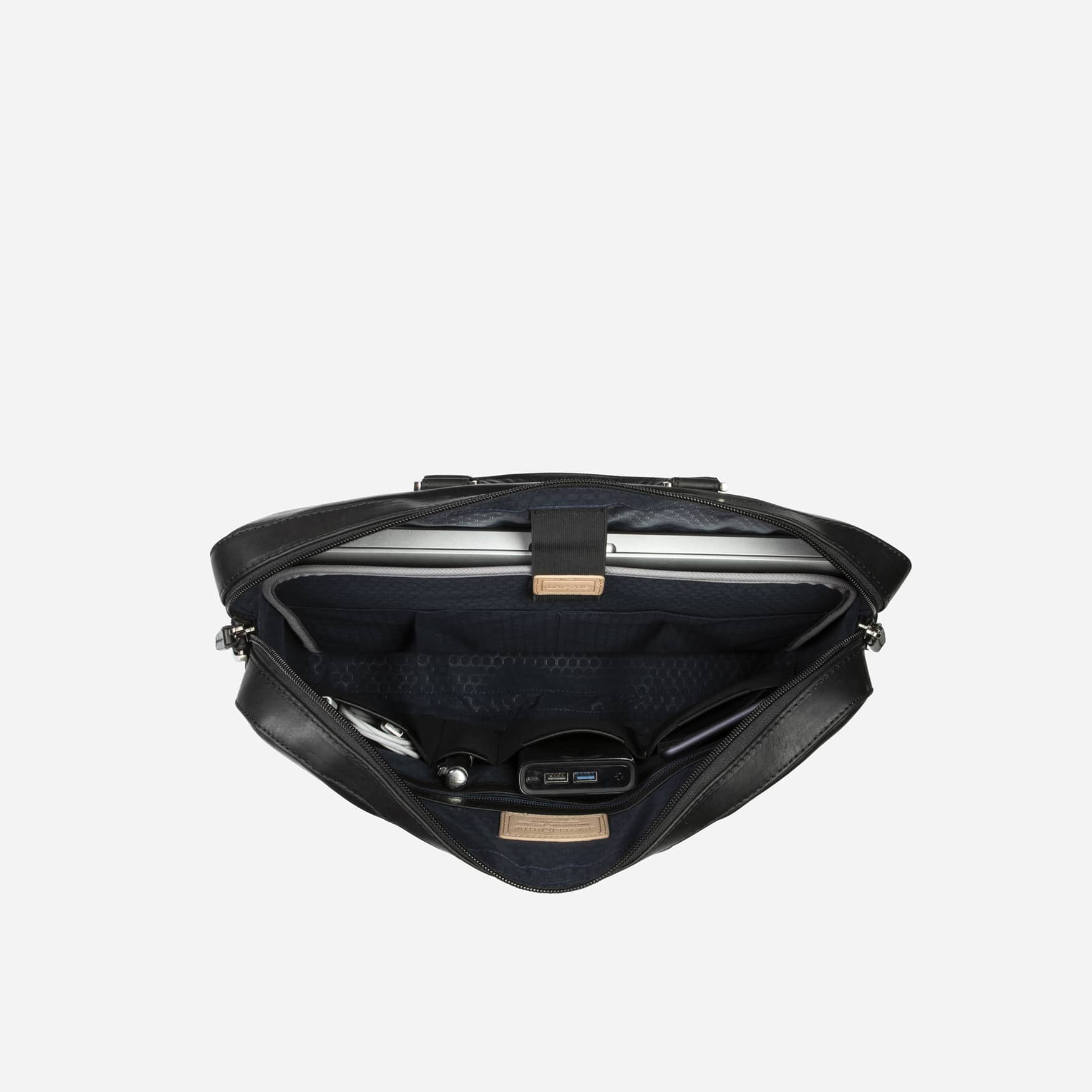 Slim Zip Top Briefcase,Briefcases,Jekyll & Hide,Black, inside view with laptop