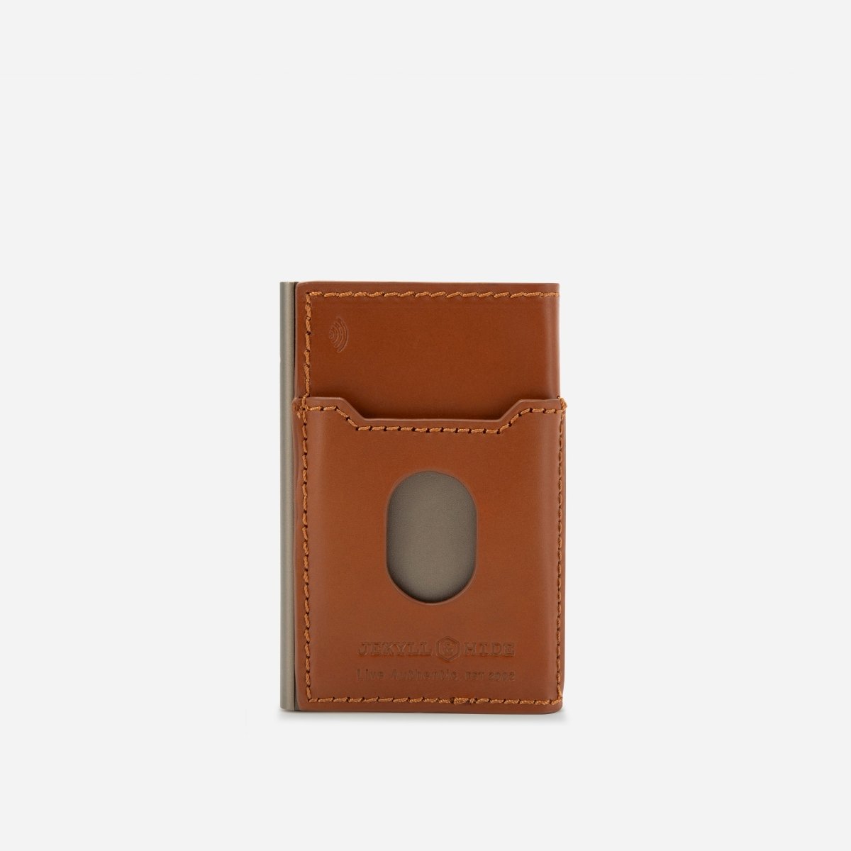Thermo Wrapped Aluminium Card Holder in tan - angled view