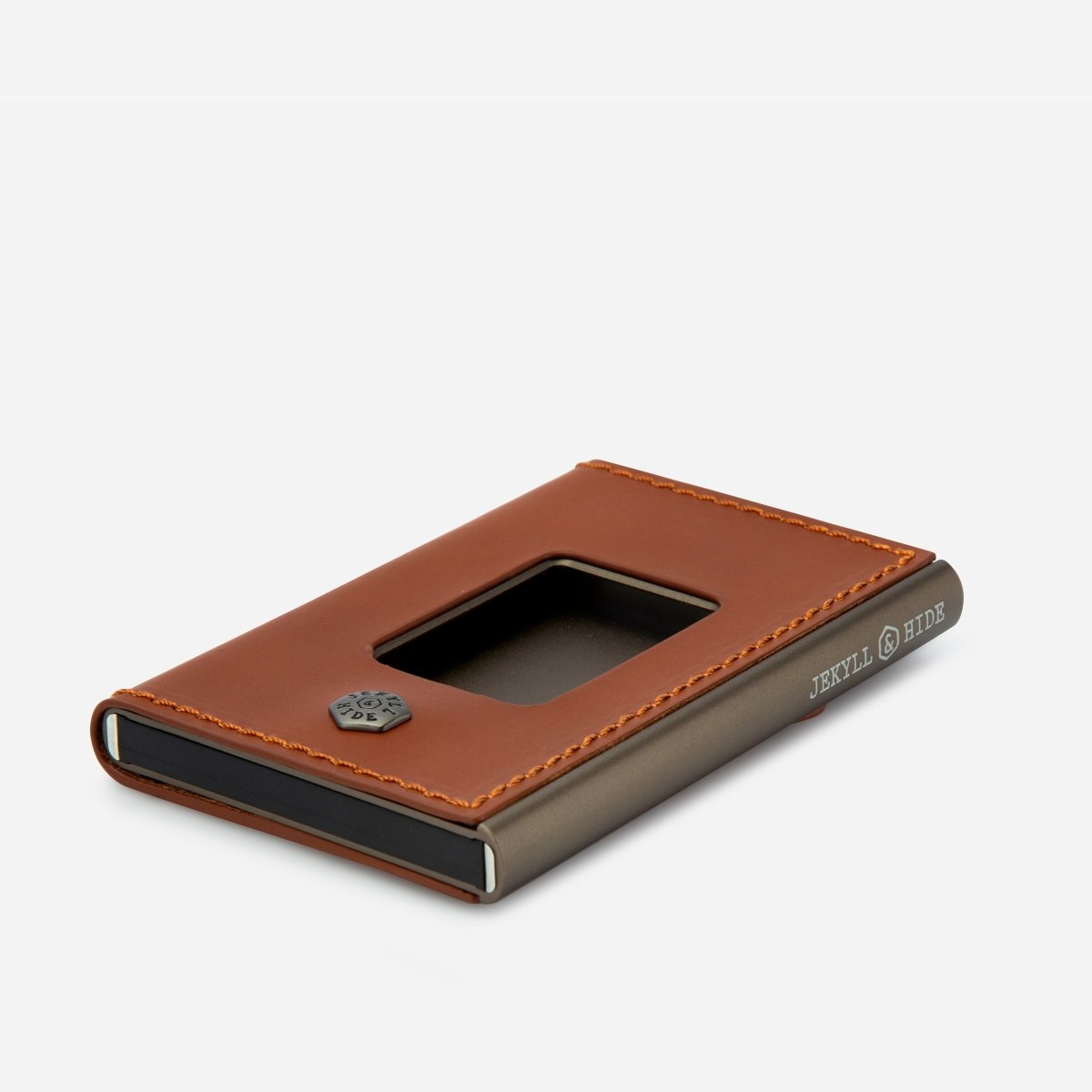 Thermo Wrapped Aluminium Card Holder in tan - close-up view