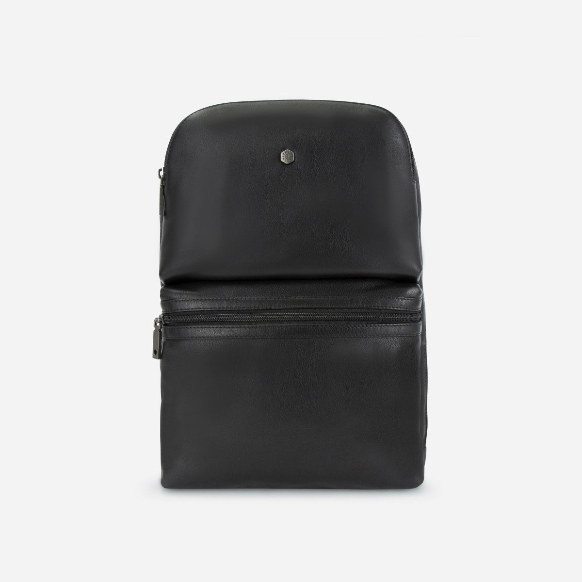 Jekyll and Hide black leather everyday backpack, front view with zip front pocket
