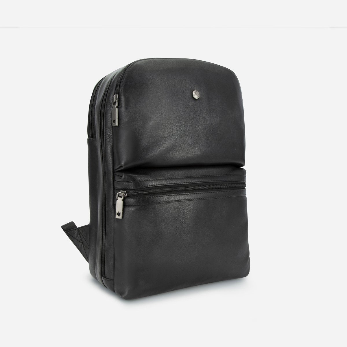 Jekyll and Hide black leather everyday backpack, angled side view