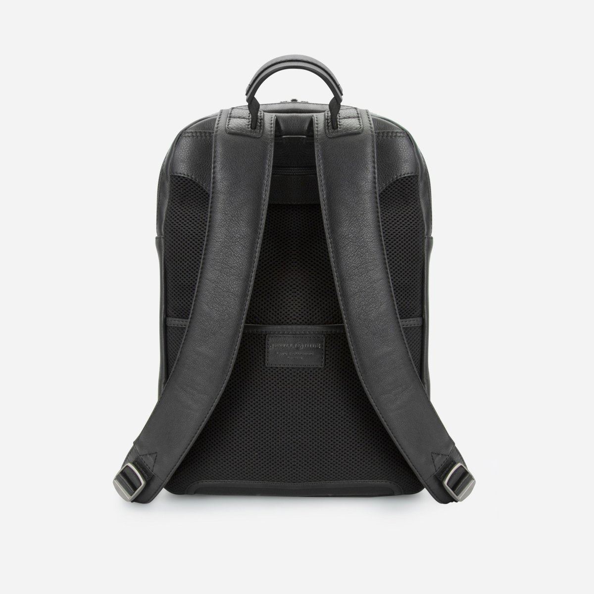 Jekyll and Hide black leather everyday backpack, rear view with padded shoulder straps