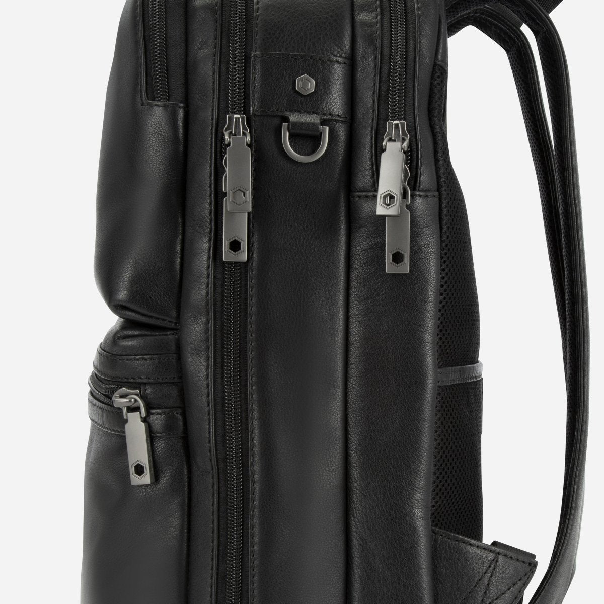 Close-up of the side zips and mesh panel on Jekyll and Hide black leather everyday backpack