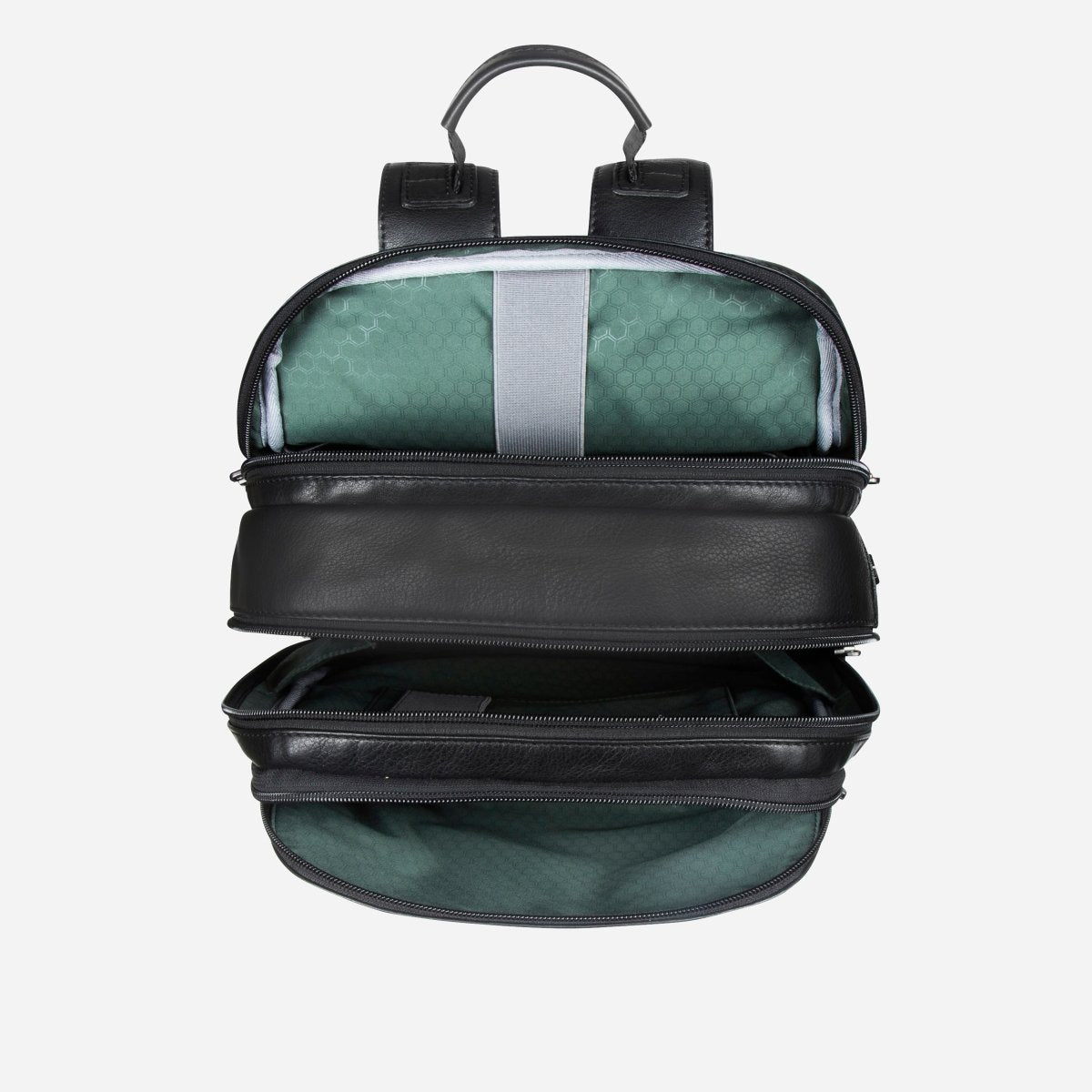 Open Jekyll and Hide black leather everyday backpack showing two compartments with green lining