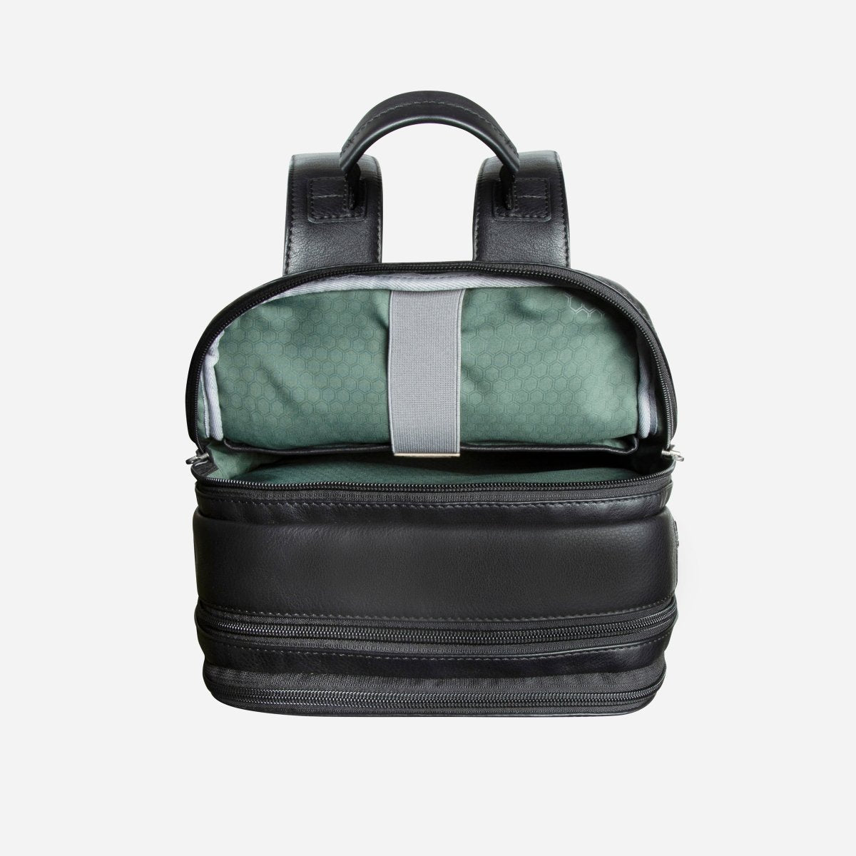 Open Jekyll and Hide black leather everyday backpack showing padded laptop compartment with green lining