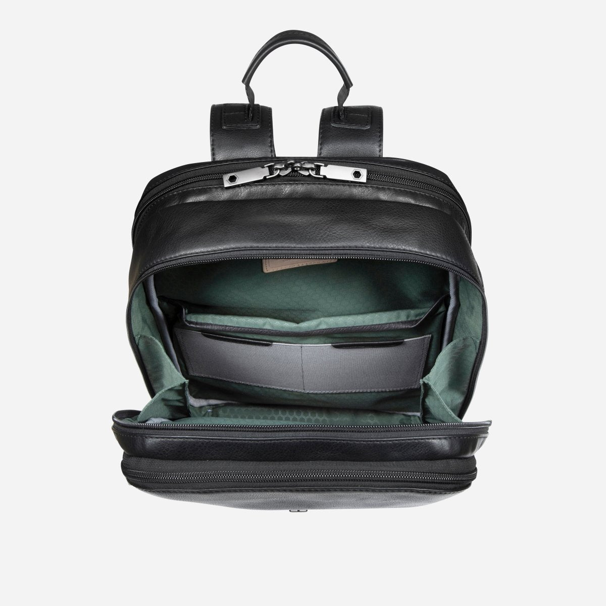 Open Jekyll and Hide black leather everyday backpack showing green-lined organiser pockets