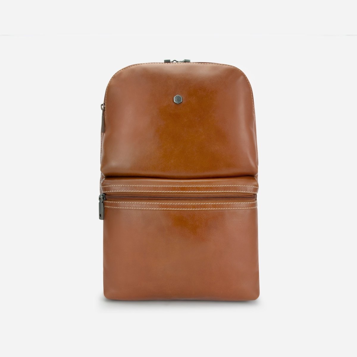 Jekyll and Hide tan leather everyday backpack, front view with zip front pocket