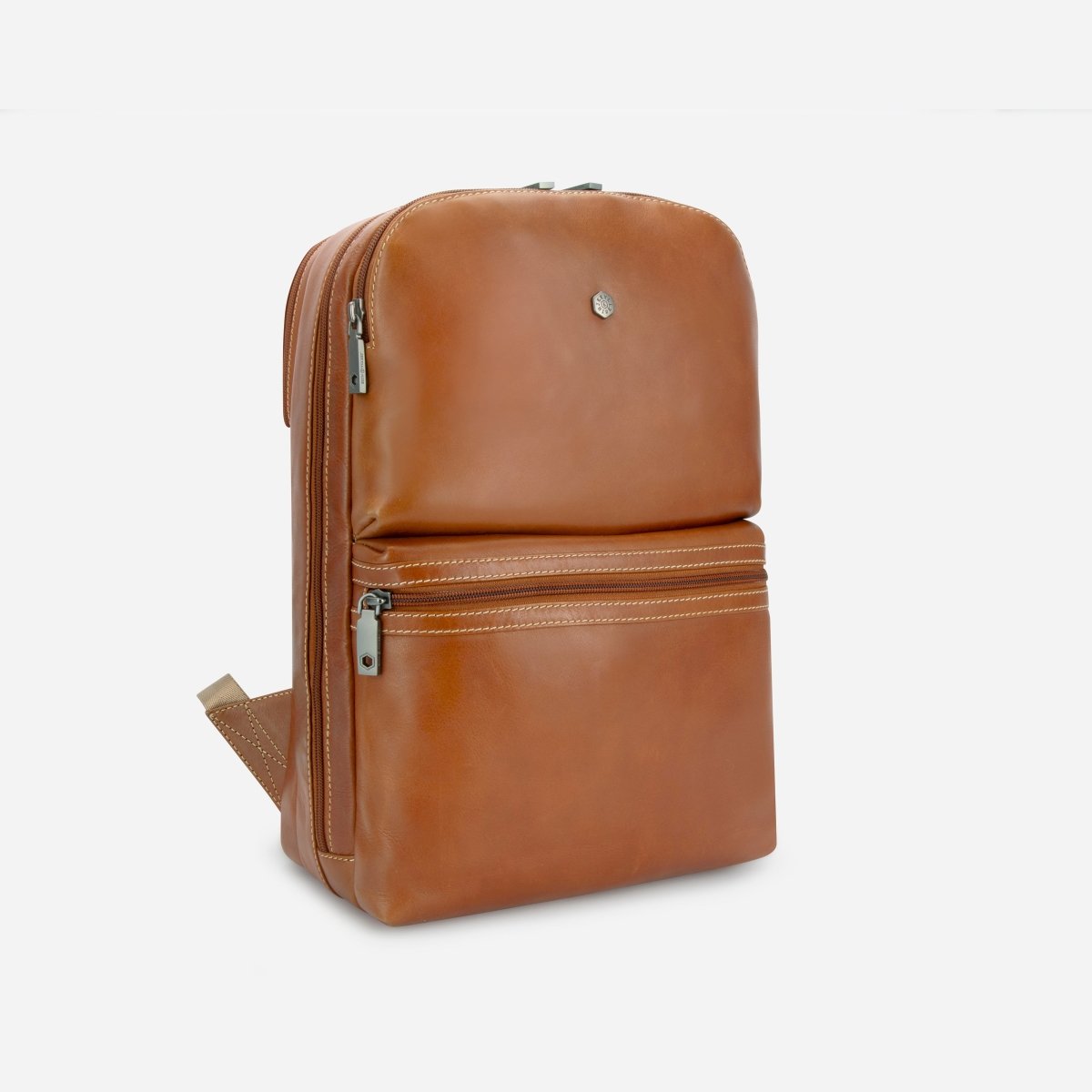 Jekyll and Hide tan leather everyday backpack, angled side view
