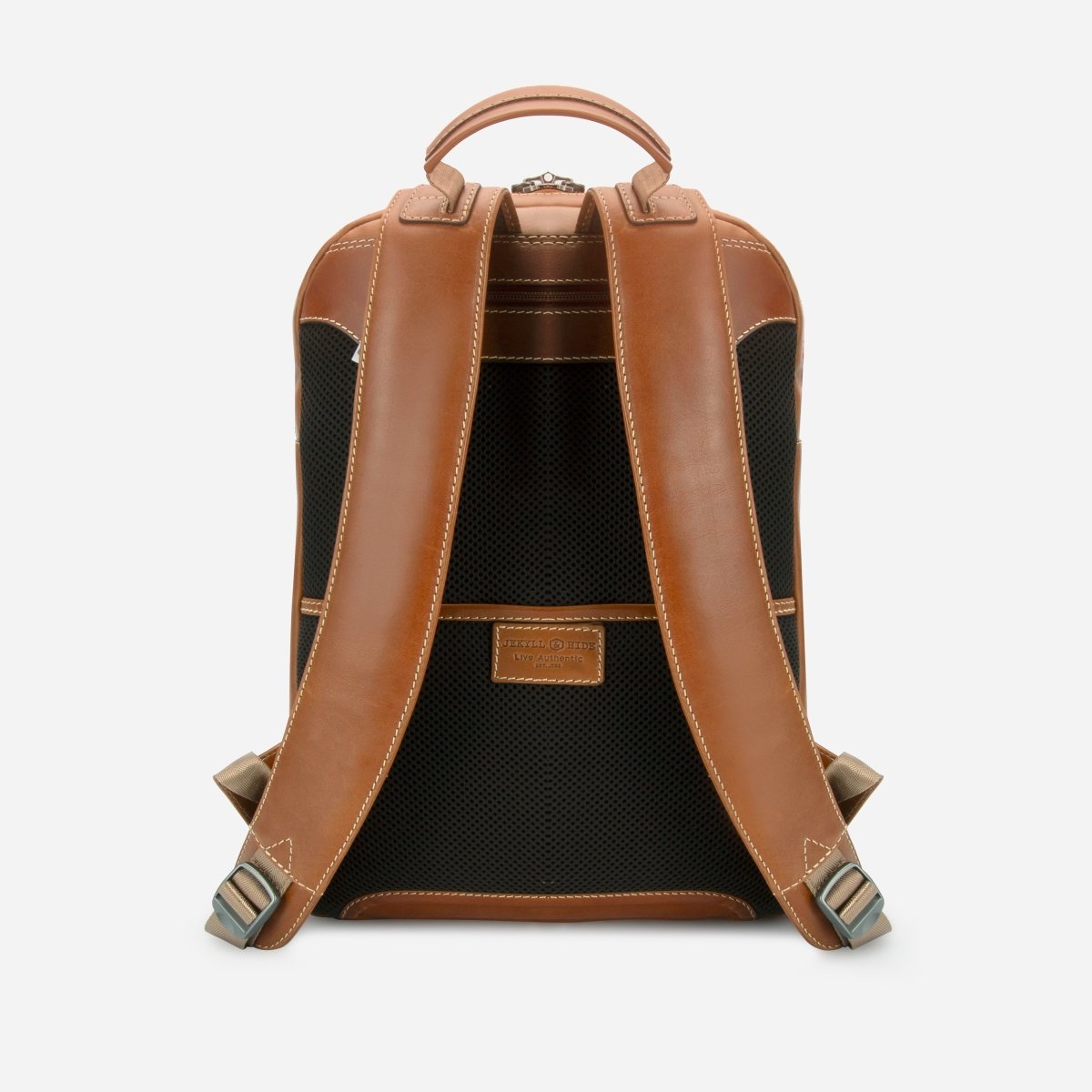 Jekyll and Hide tan leather everyday backpack, rear view with padded shoulder straps