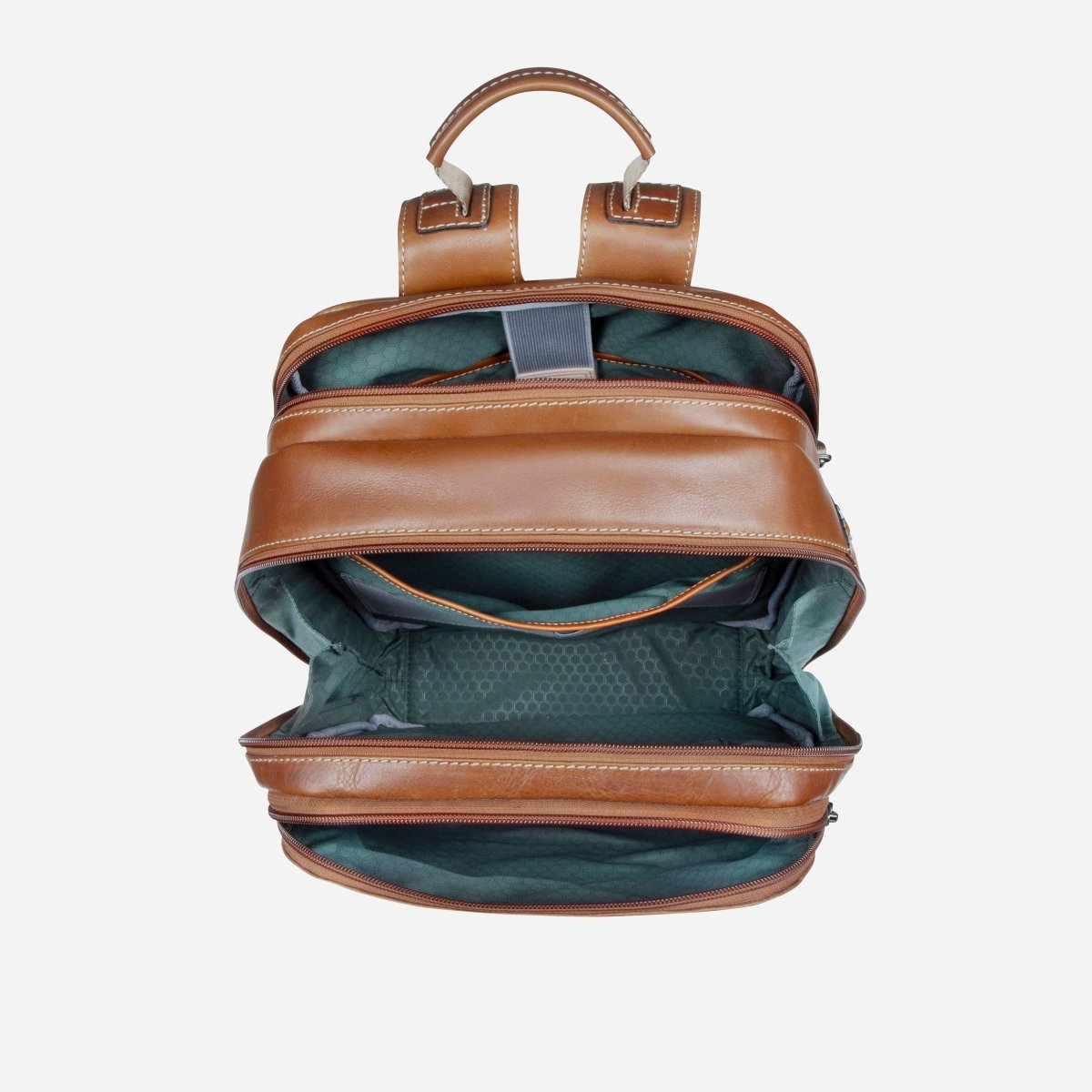 Open Jekyll and Hide tan leather everyday backpack showing two compartments with green lining