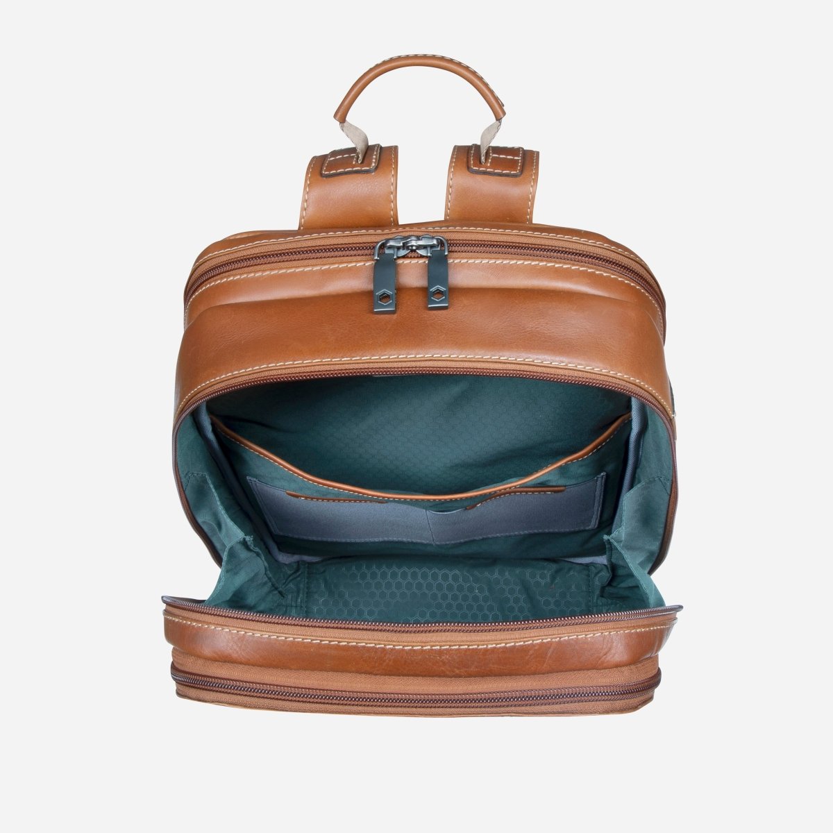 Open Jekyll and Hide tan leather everyday backpack showing padded laptop compartment with green lining
