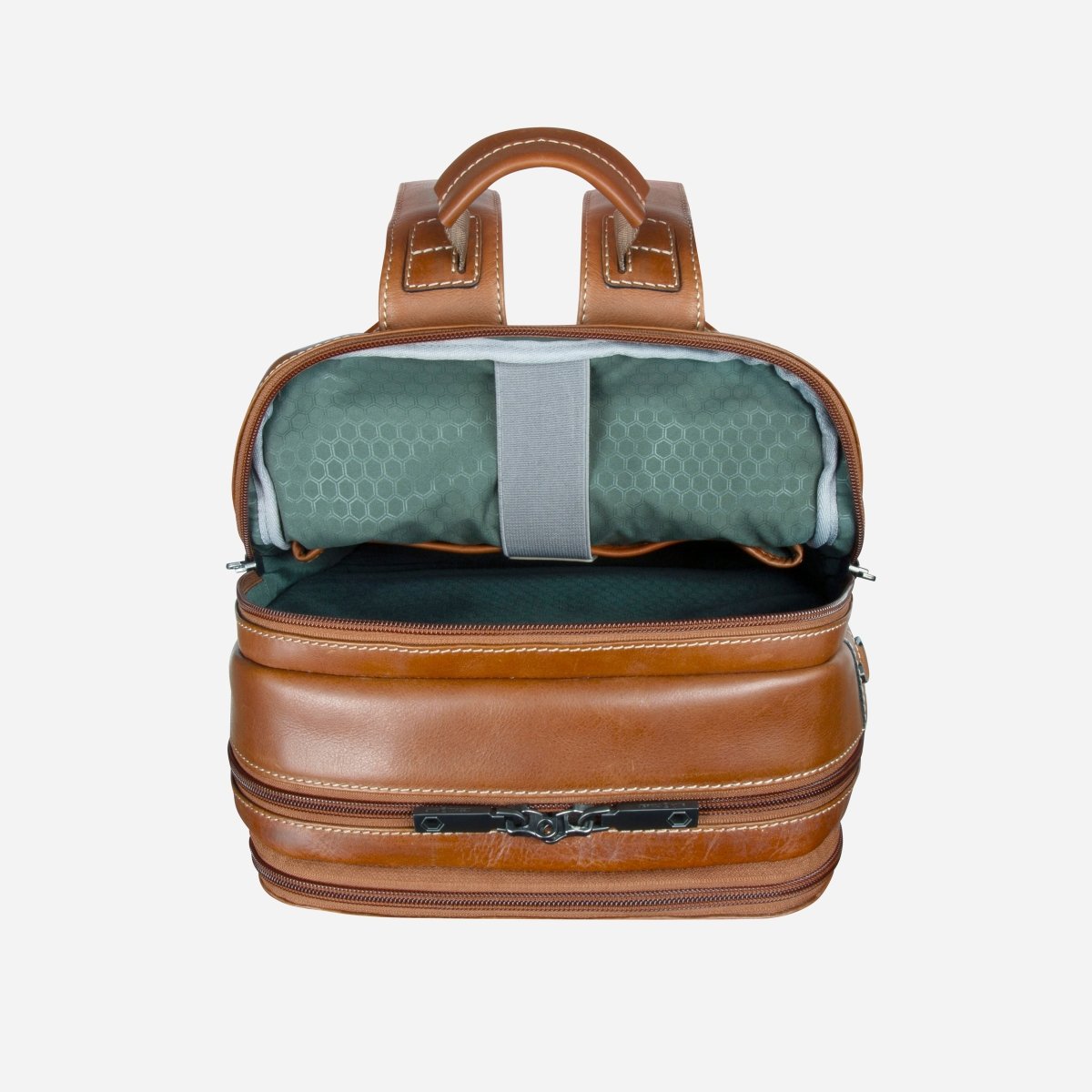 Open top view of Jekyll and Hide tan leather everyday backpack with green padded lining