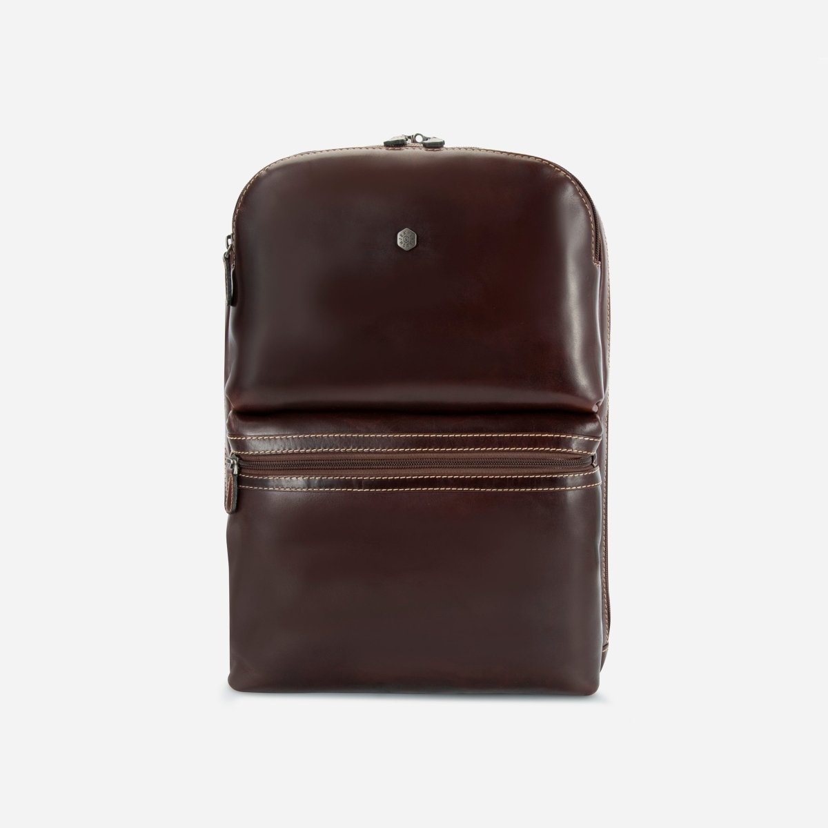 Jekyll and Hide dark brown leather everyday backpack, front view with zip front pocket
