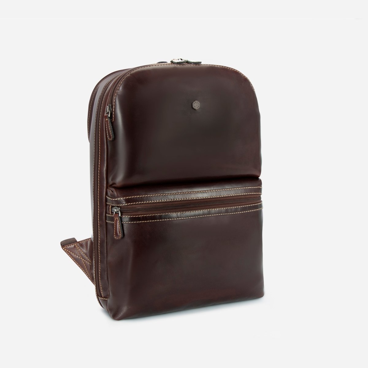 Jekyll and Hide dark brown leather everyday backpack, angled side view
