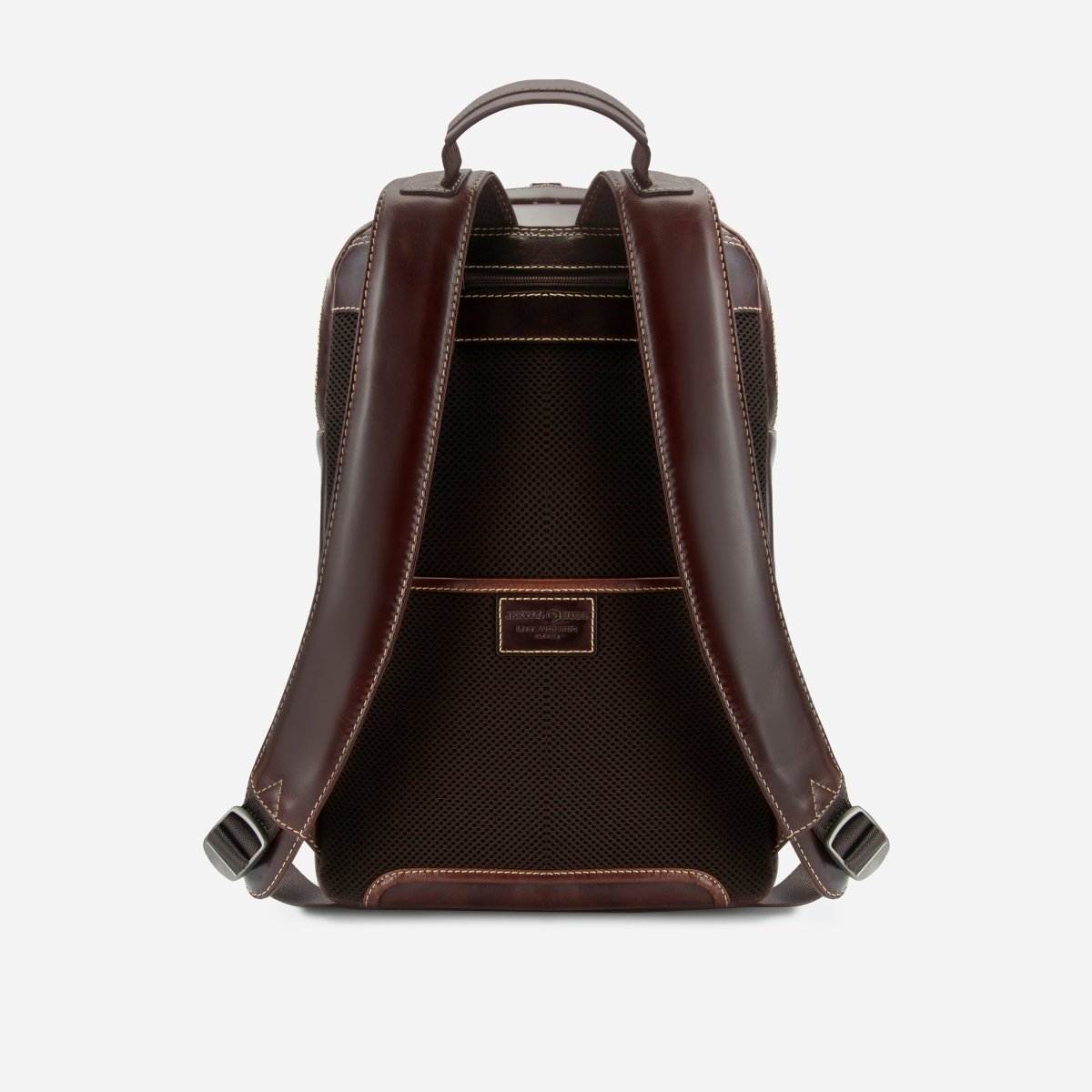Jekyll and Hide dark brown leather everyday backpack, rear view with padded shoulder straps