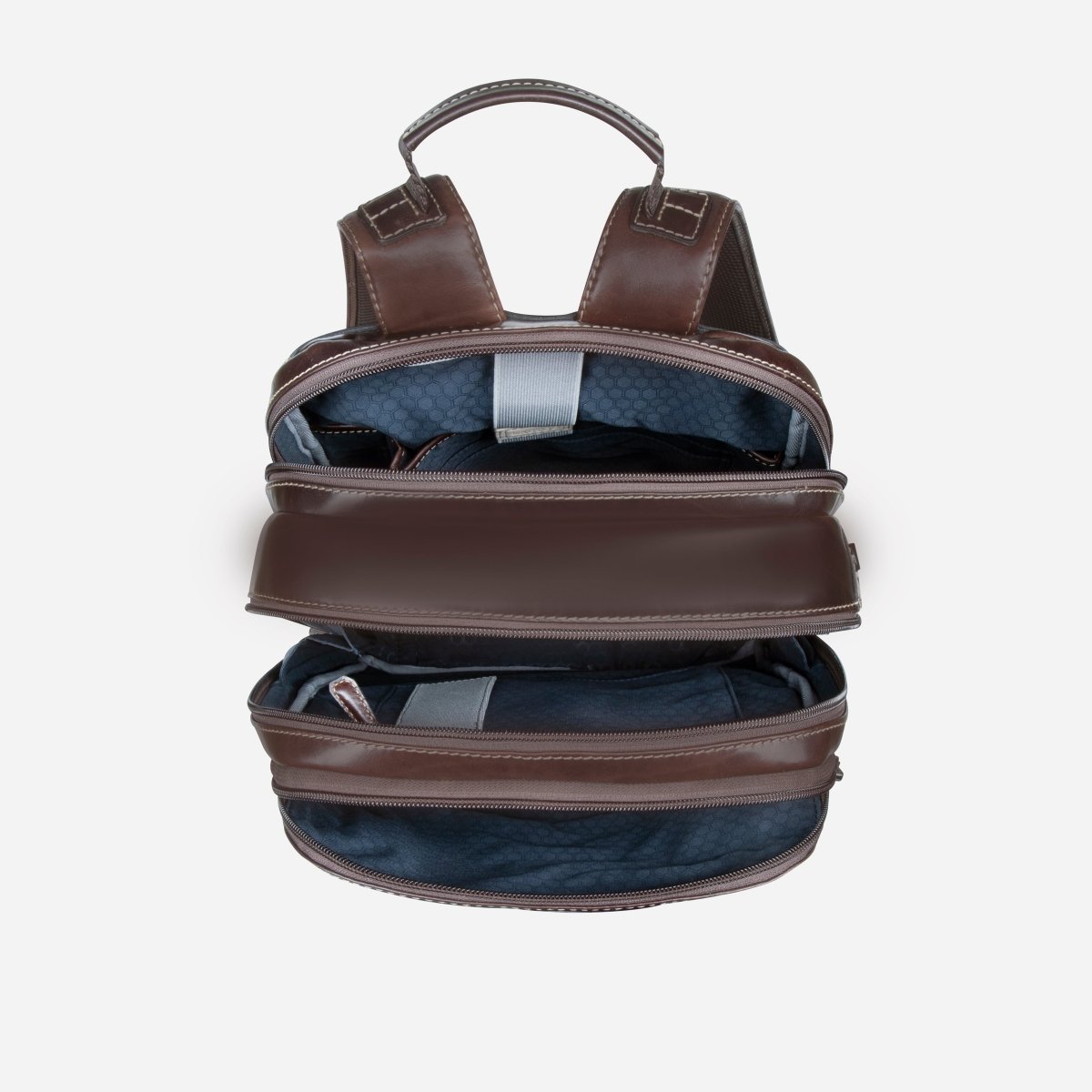 Open Jekyll and Hide dark brown leather everyday backpack showing two compartments with blue lining