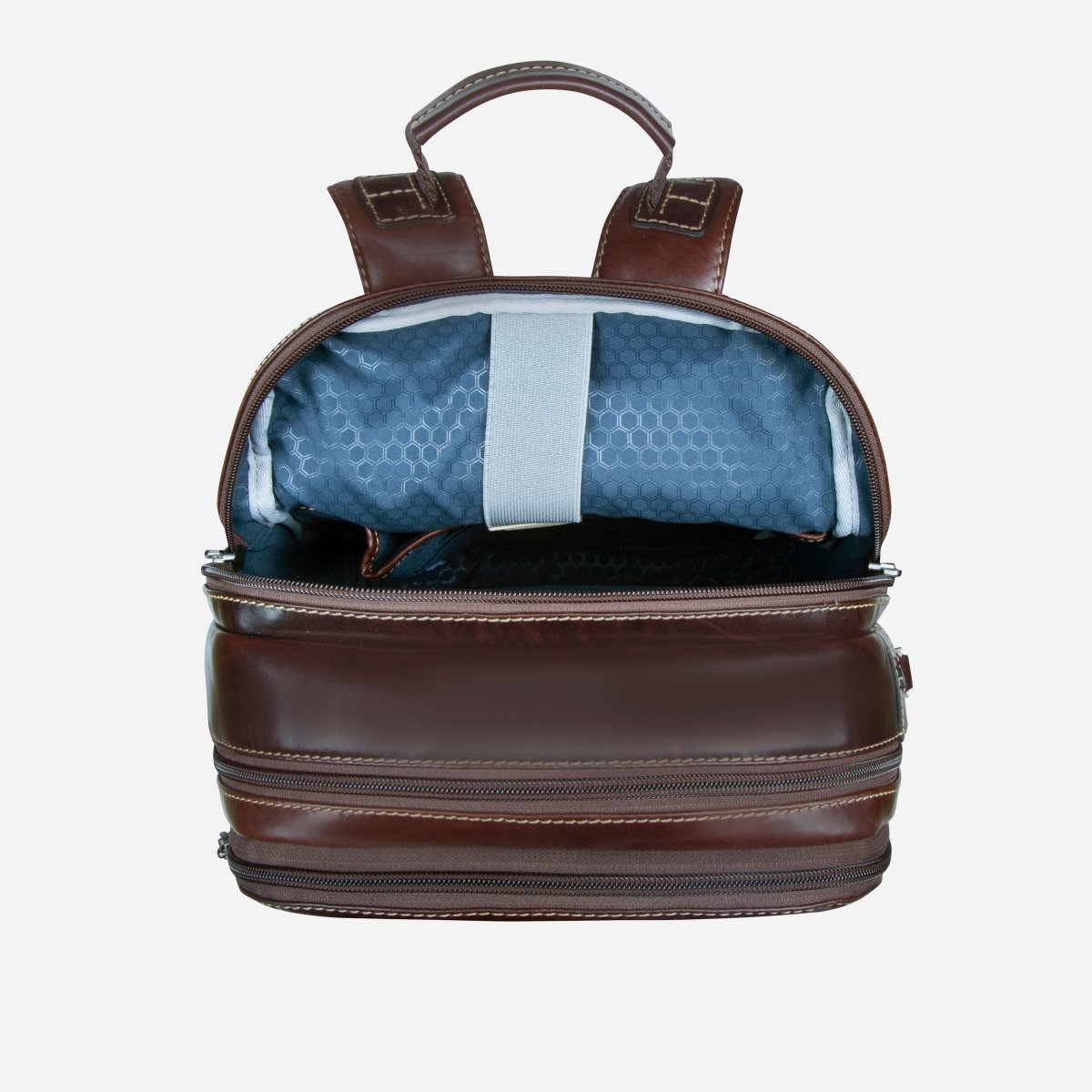 Open Jekyll and Hide dark brown leather everyday backpack showing padded laptop compartment with blue lining