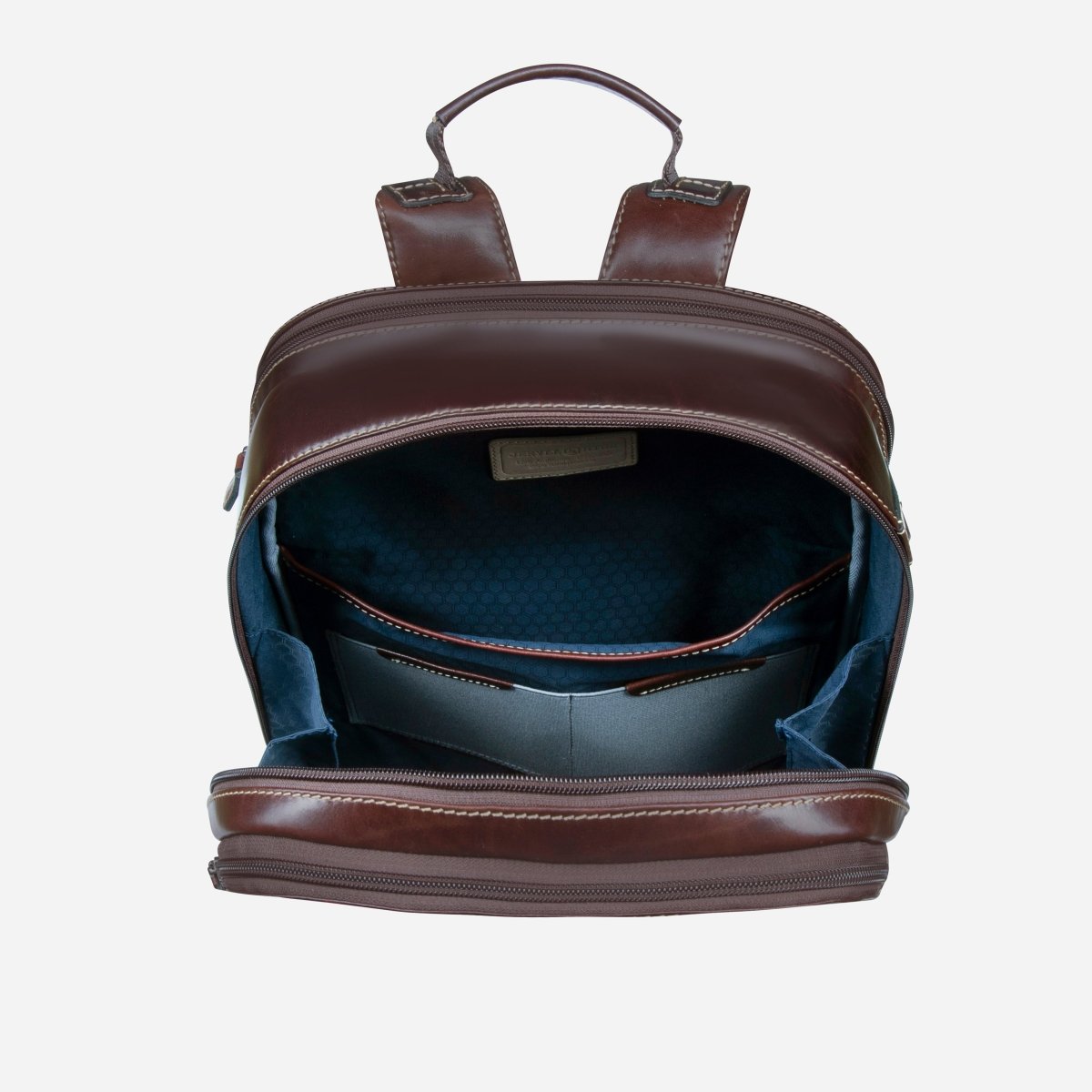 Open Jekyll and Hide dark brown leather everyday backpack showing main compartment with blue lining