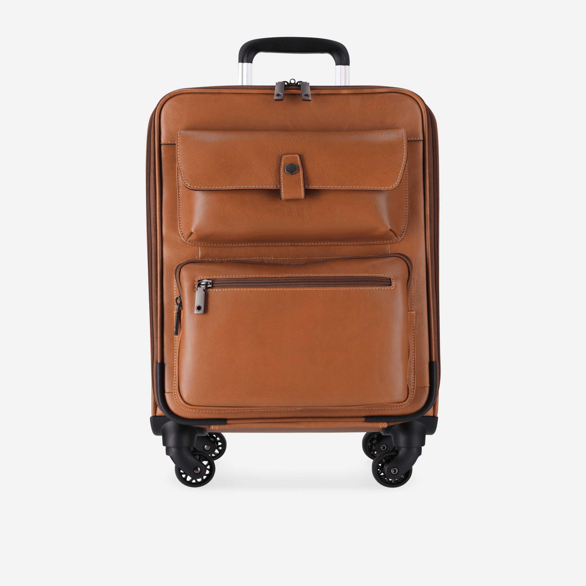 Brown leather suitcase with wheels on a white background