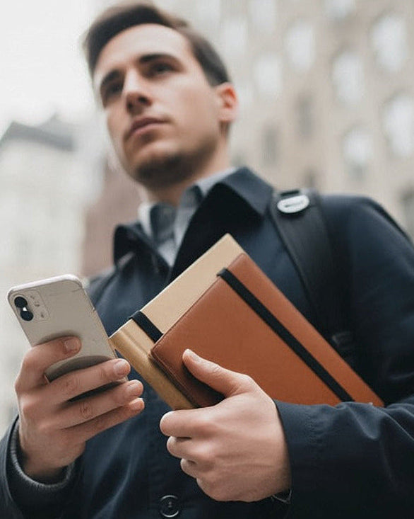 Man holding a phone and a brown leather book outdoors