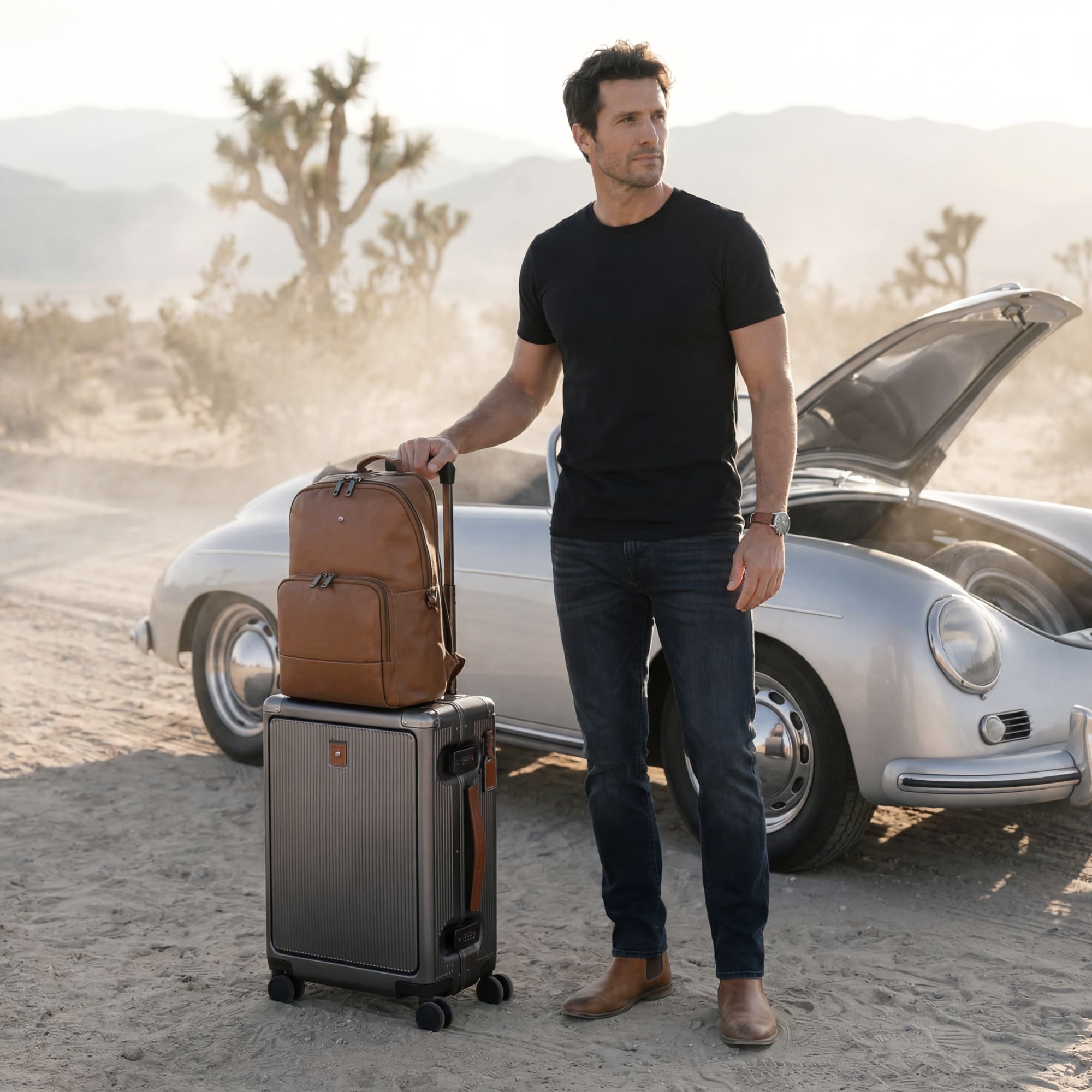 Man with suitcases and a backpack standing next to a vintage car in a desert setting