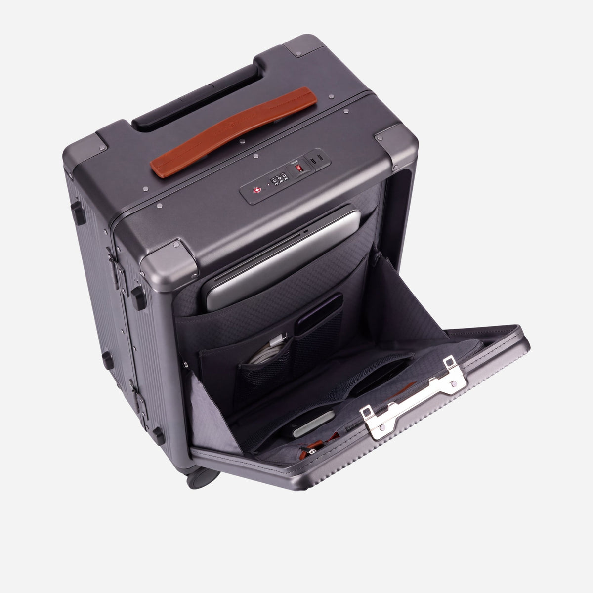 A dark gray hard-shell travel suitcase with a brown leather handle, shown open to reveal a padded interior organizer with pockets and compartments. The suitcase has a digital lock with red indicator lights and is photographed on a clean, light gray background.