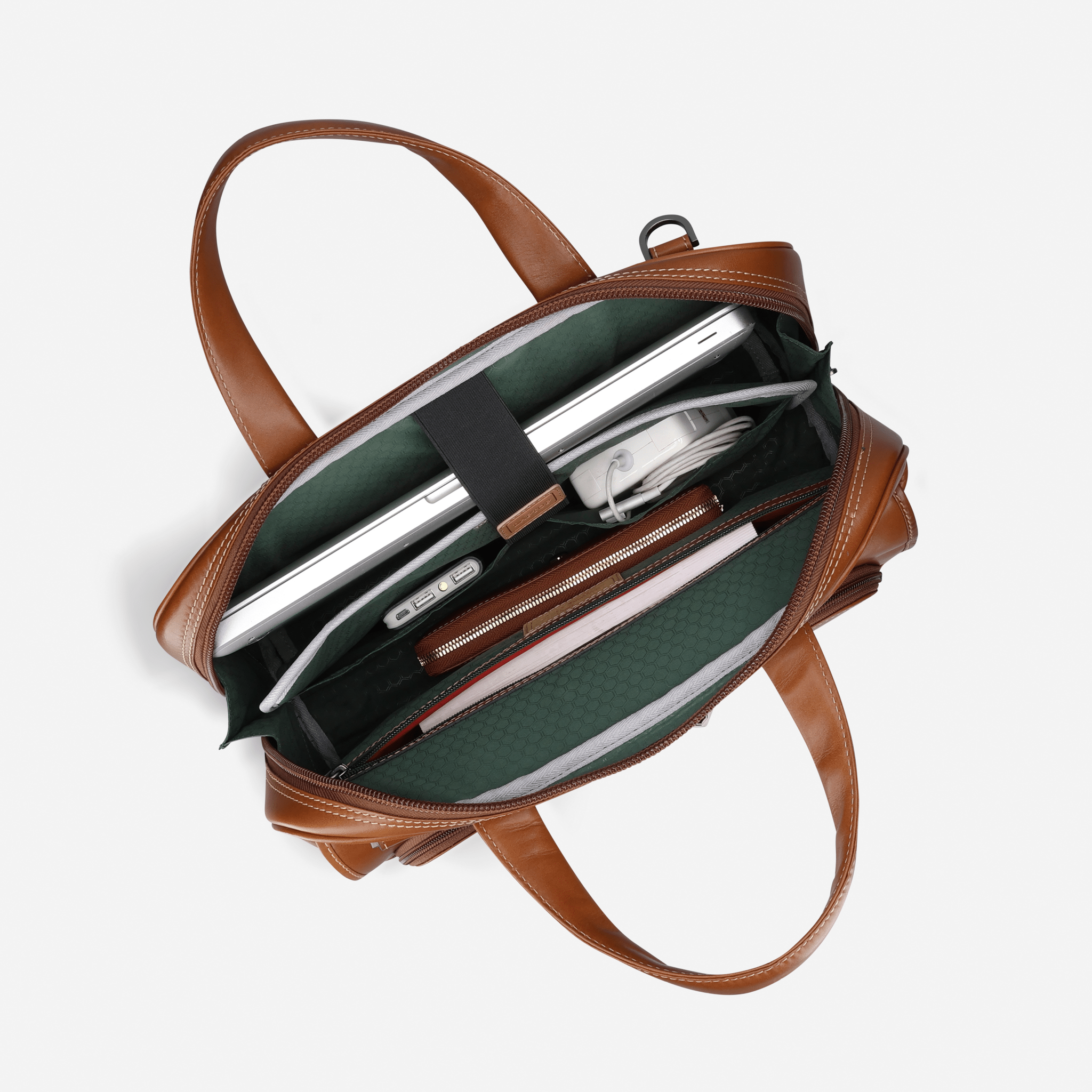 Brown leather briefcase with green interior and laptop compartment on a white background