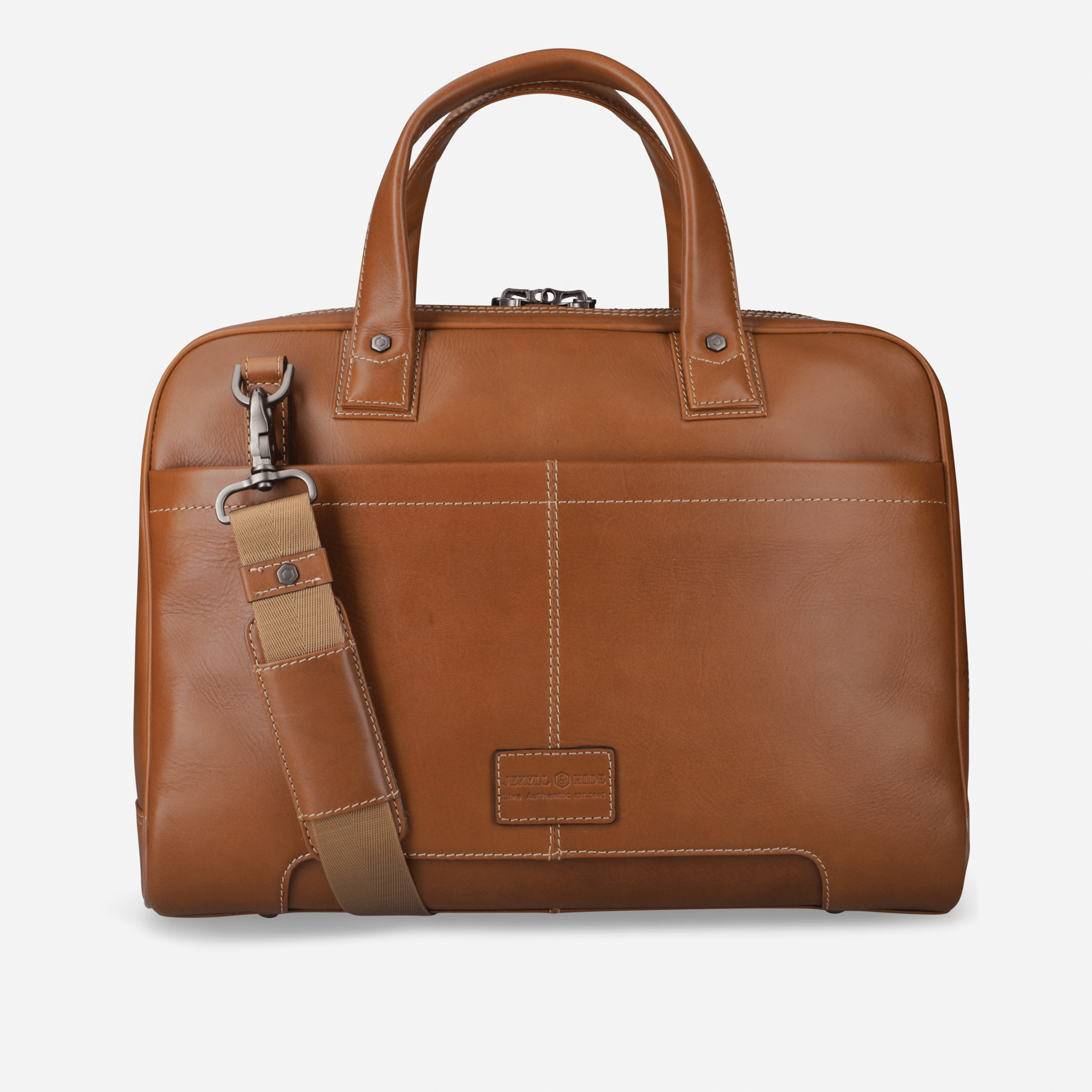 Brown leather briefcase with a shoulder strap on a white background