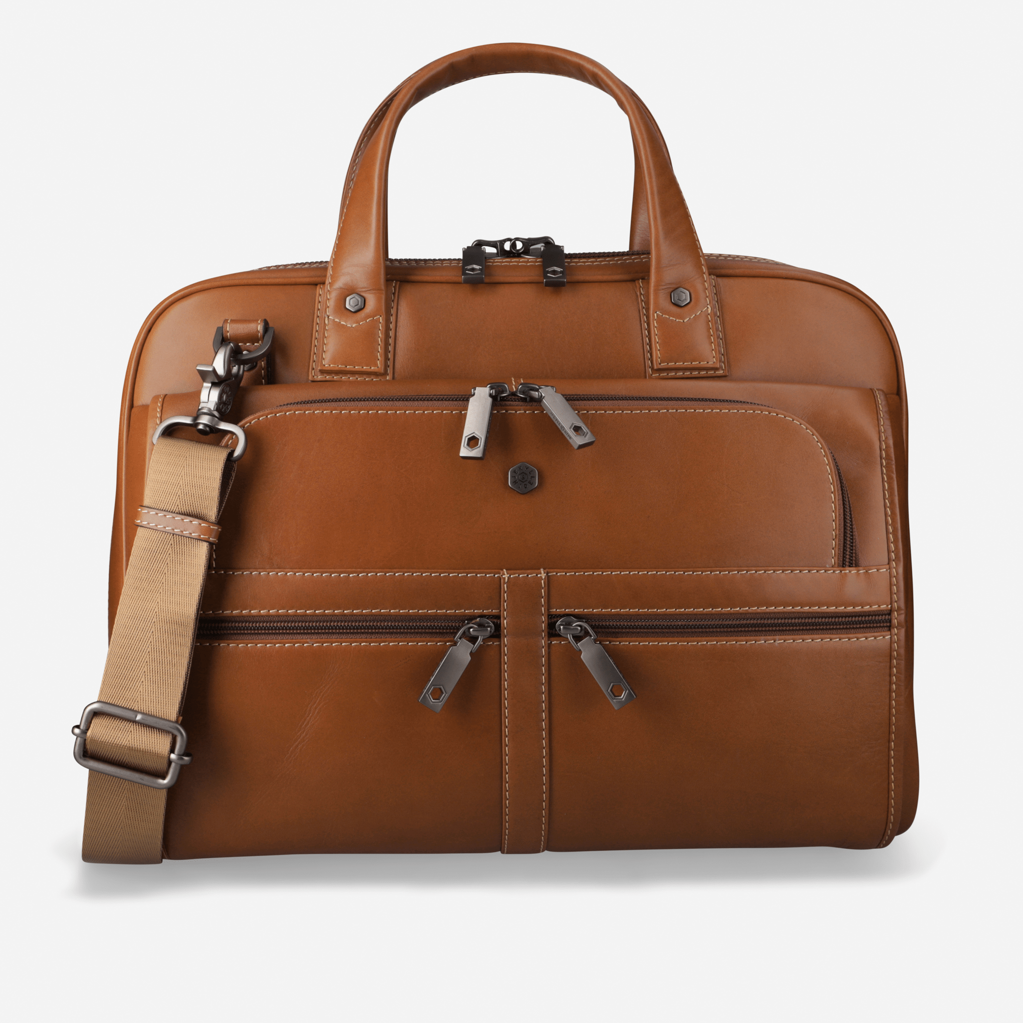 Brown leather briefcase with shoulder strap on a light gray background