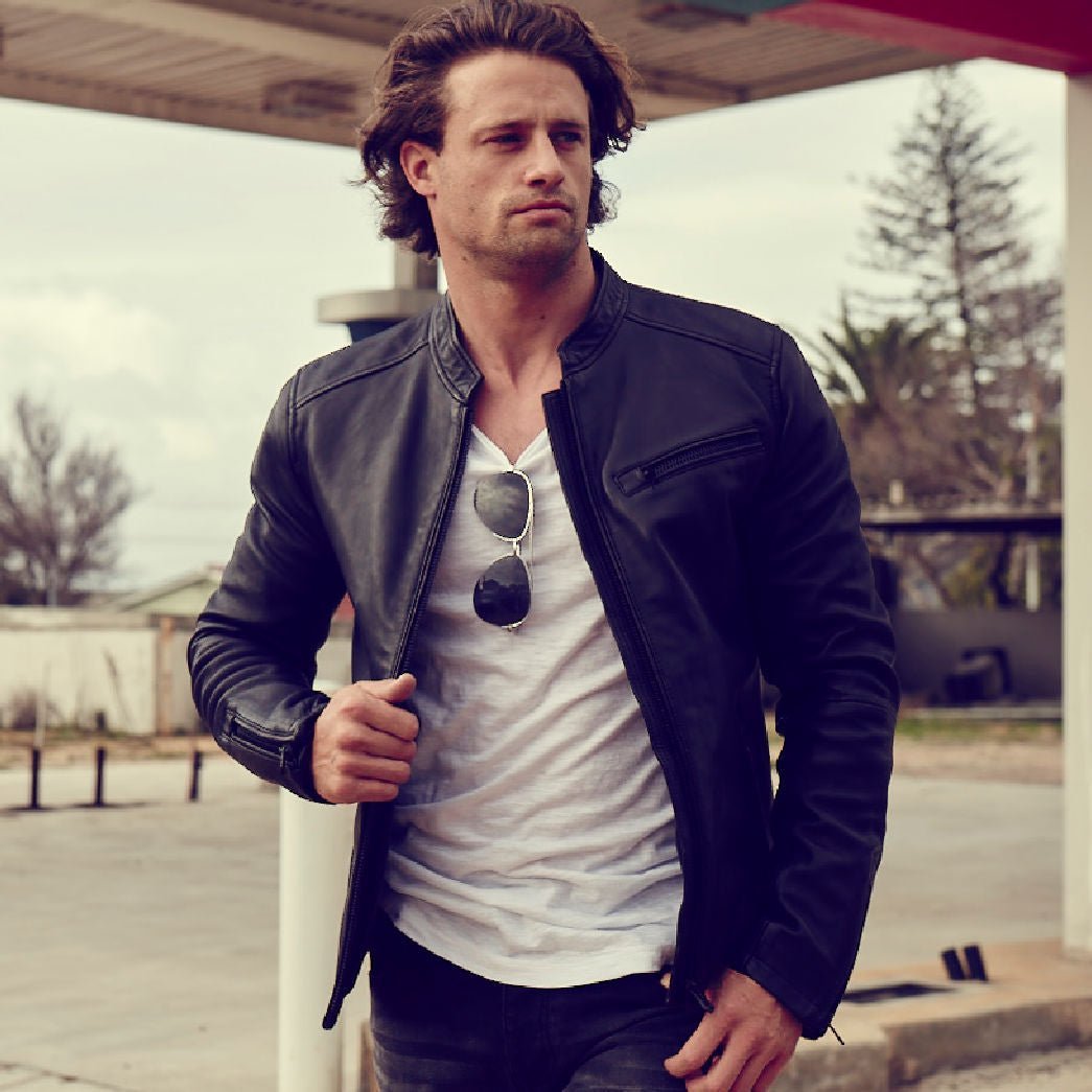 Mandarin Collar Leather Jacket, Black,Jackets,Jekyll & Hide,Black,Large,