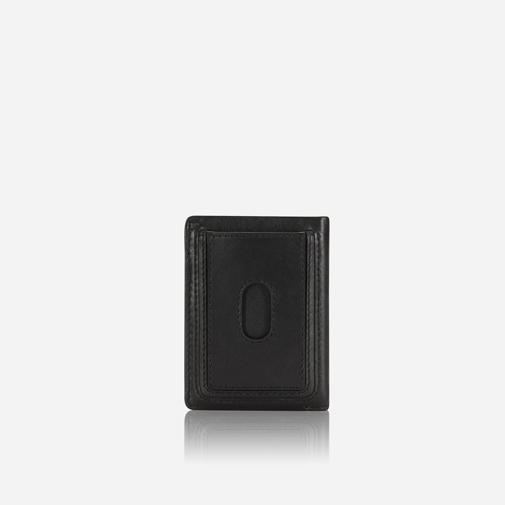 Jekyll and Hide black leather elasticated card holder, front view with ID thumb window