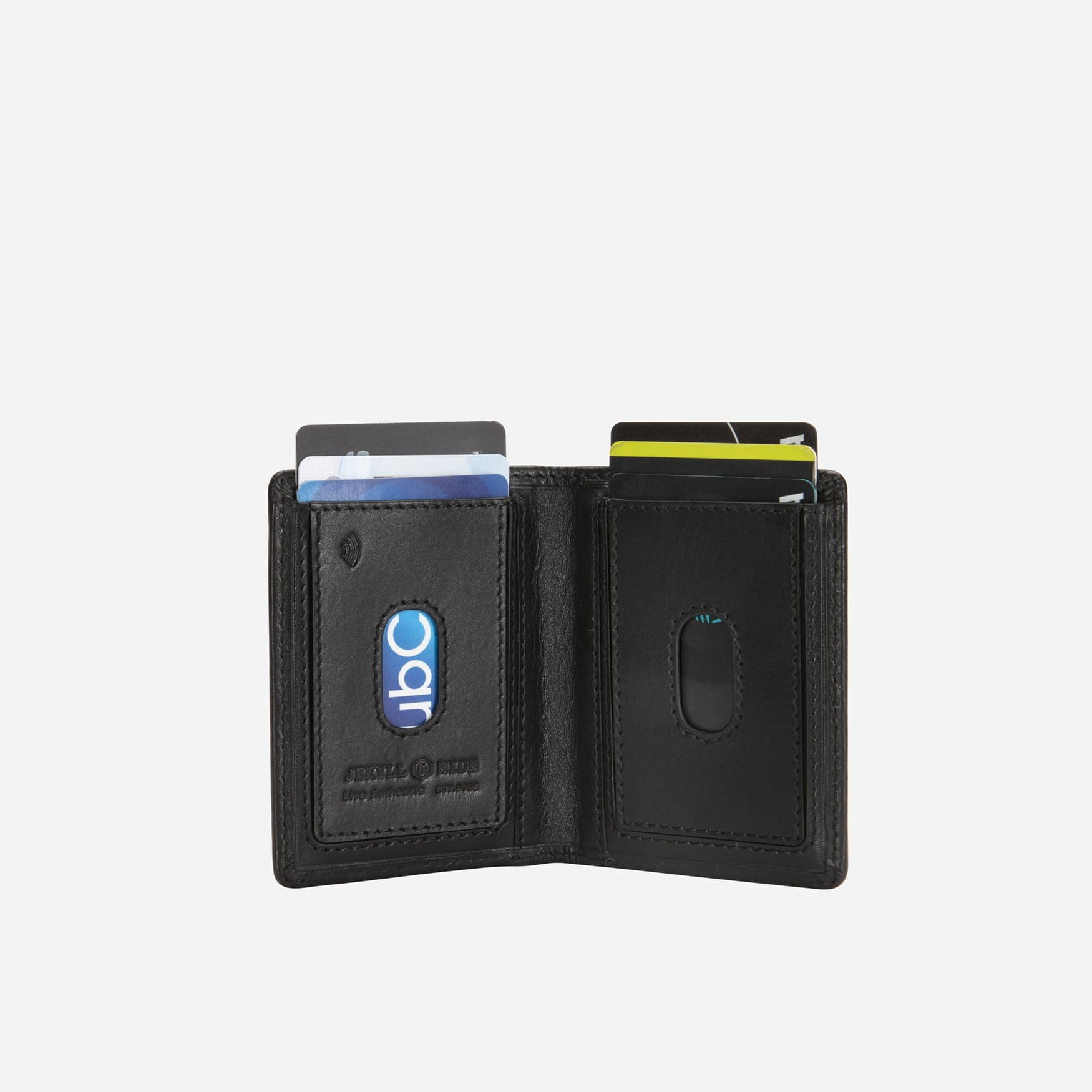 Open Jekyll and Hide black leather elasticated card holder holding cards