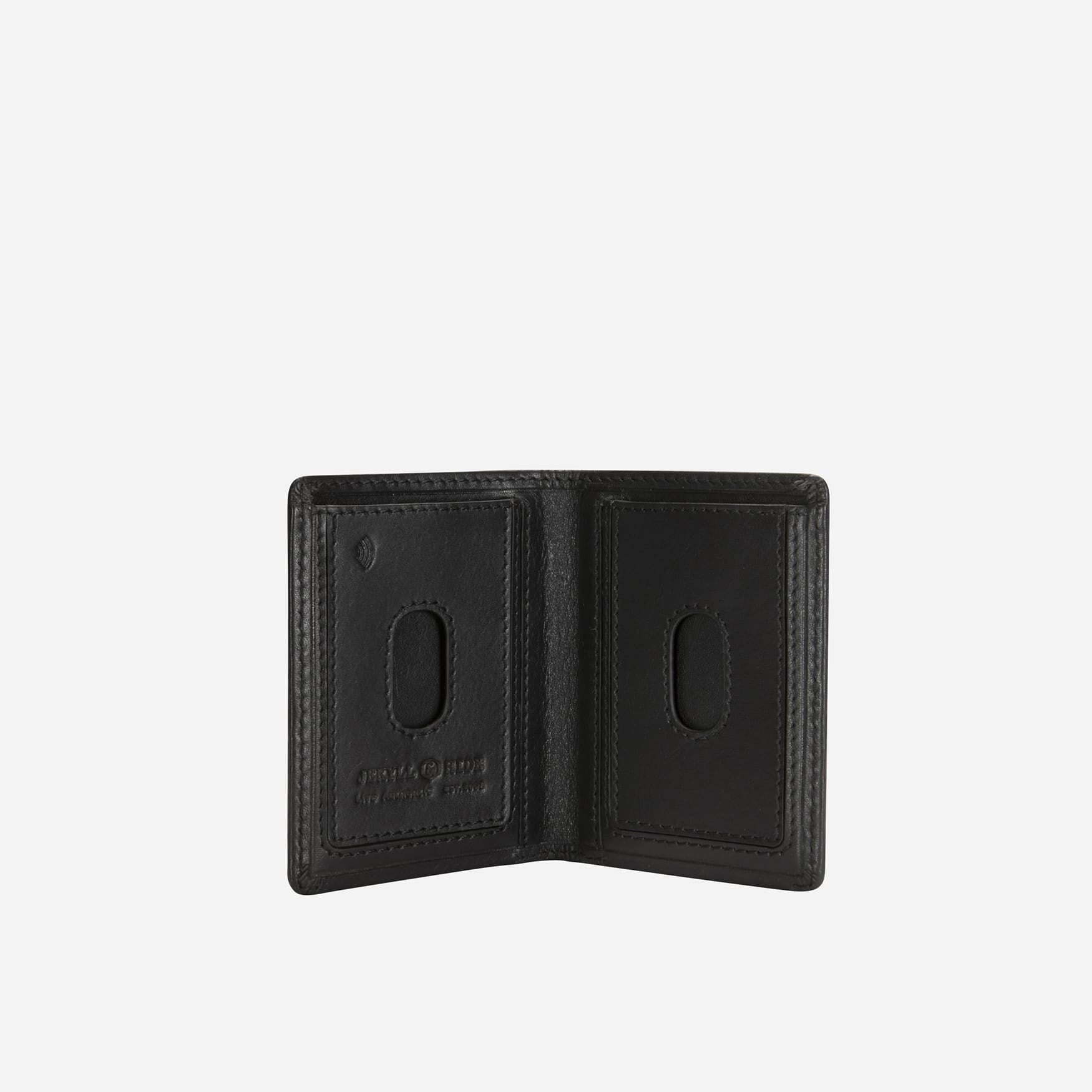 Open Jekyll and Hide black leather elasticated card holder showing card slots and ID windows