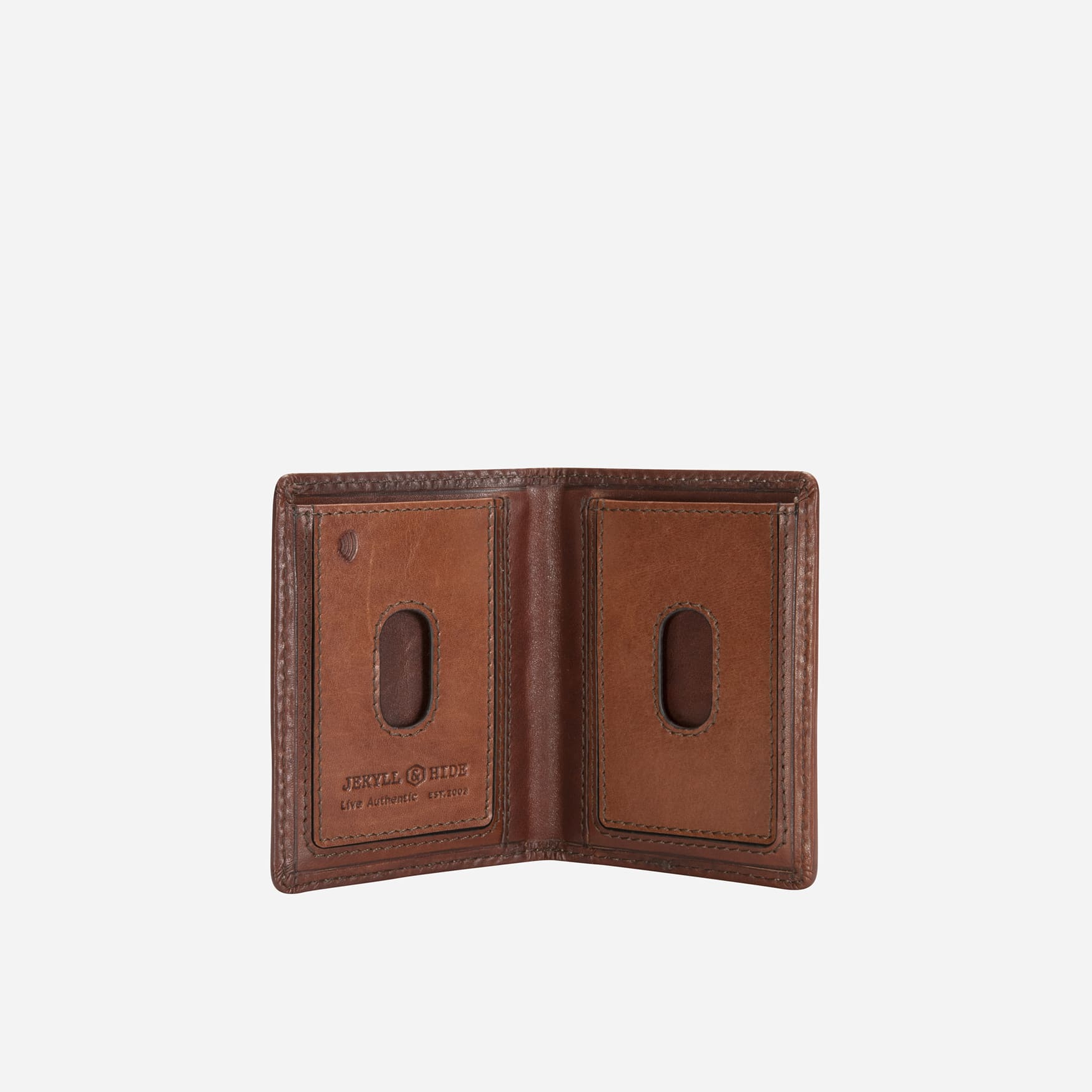 Open Jekyll and Hide dark brown leather elasticated card holder showing card slots and ID windows