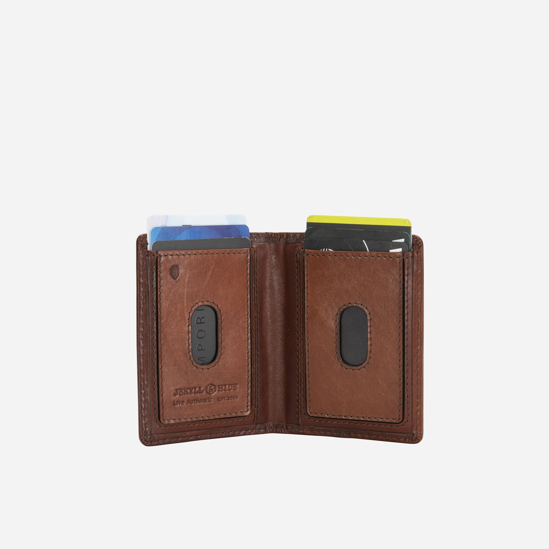 Open Jekyll and Hide dark brown leather elasticated card holder holding cards