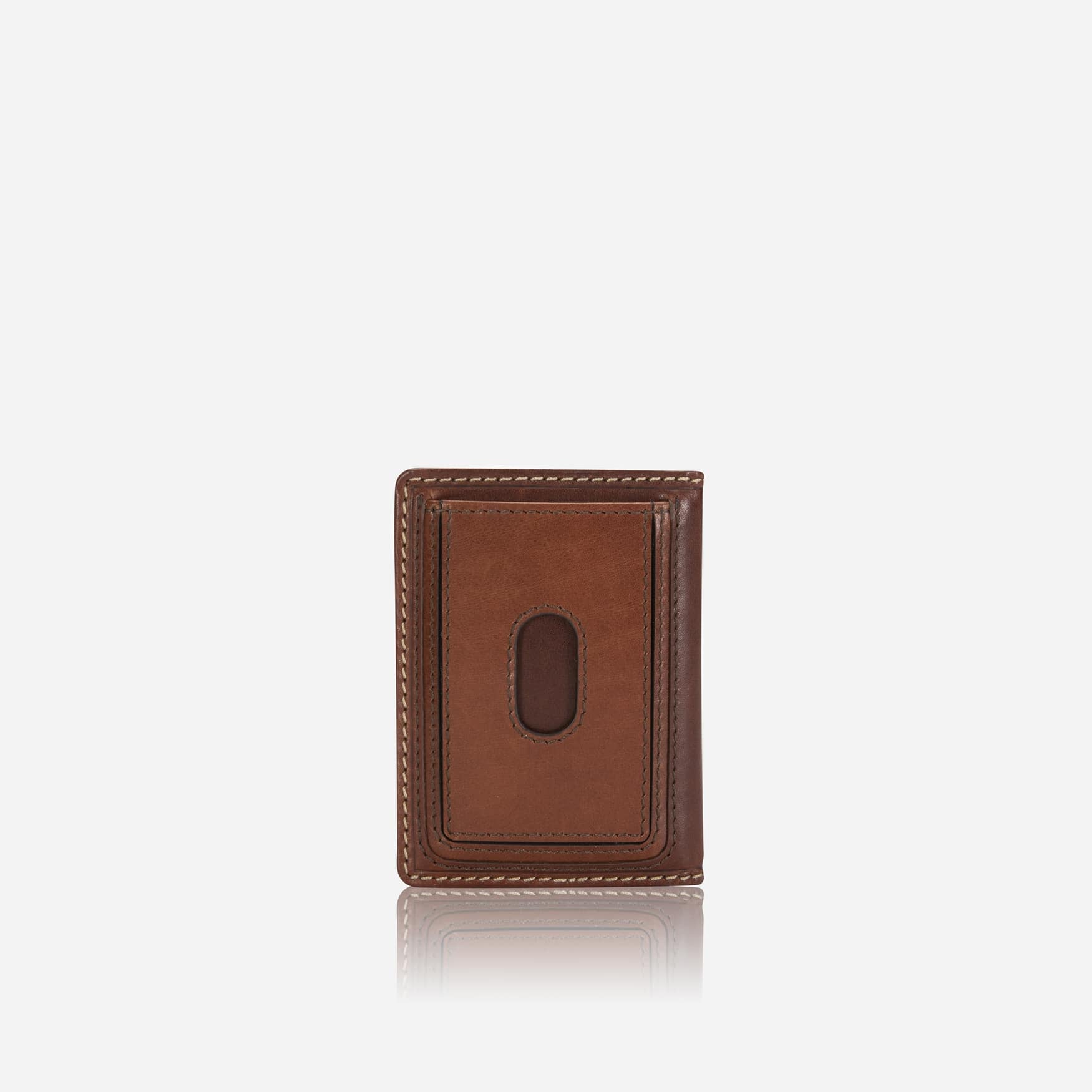 Jekyll and Hide dark brown leather elasticated card holder, front view with ID thumb window