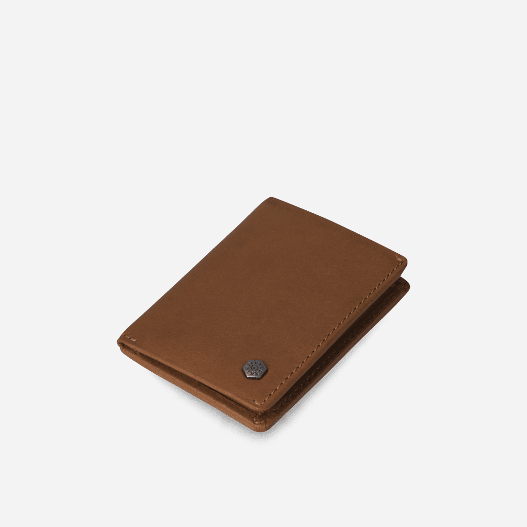Jekyll and Hide tan leather elasticated card holder, closed angled view