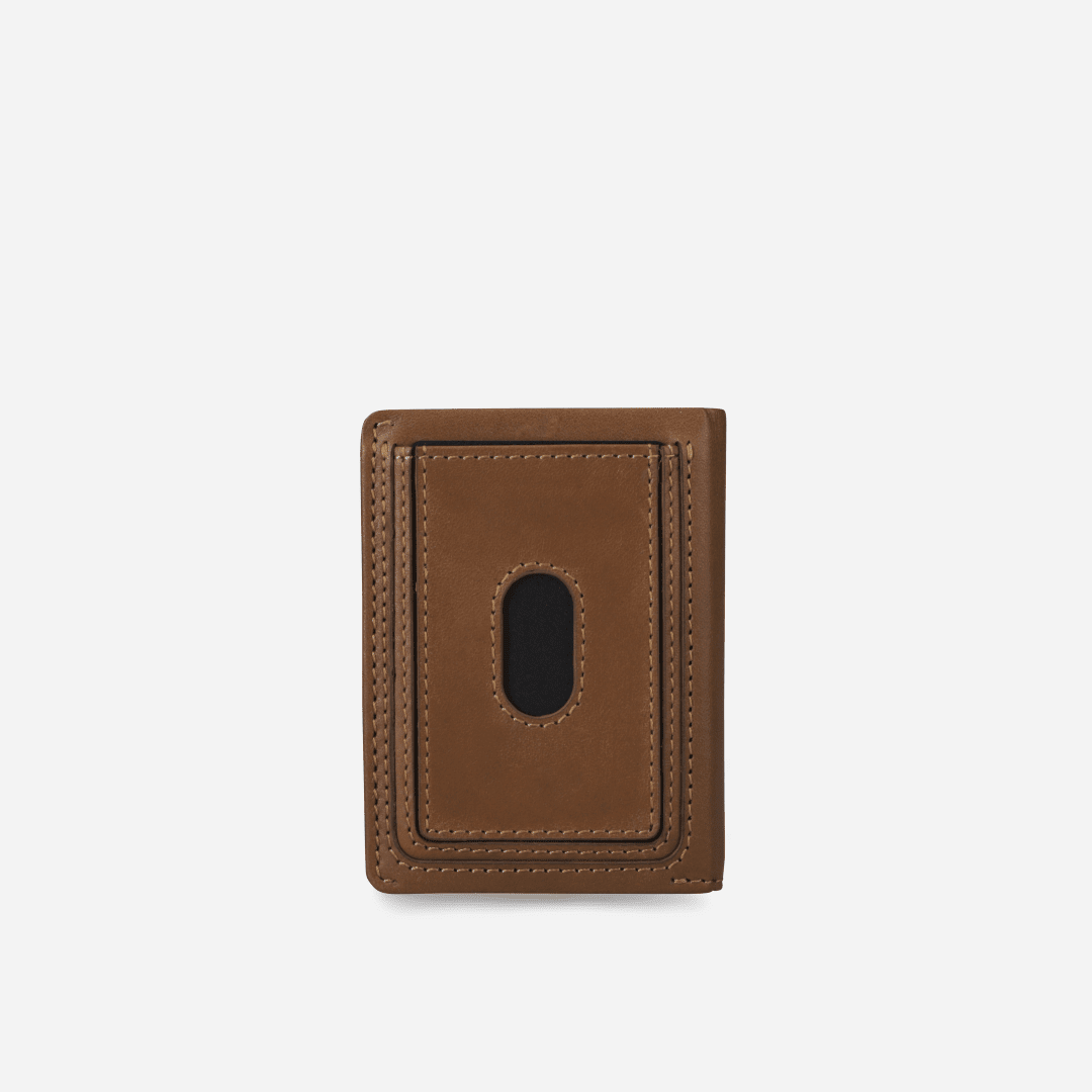 Jekyll and Hide tan leather elasticated card holder, front view with ID thumb window