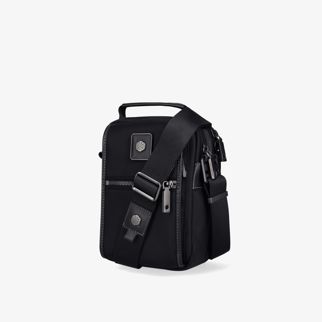 Jekyll and Hide Tokyo black ballistic nylon crossbody bag, angled view with front zips