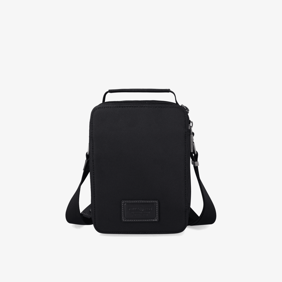 Jekyll and Hide Tokyo black ballistic nylon crossbody bag, rear view with logo patch